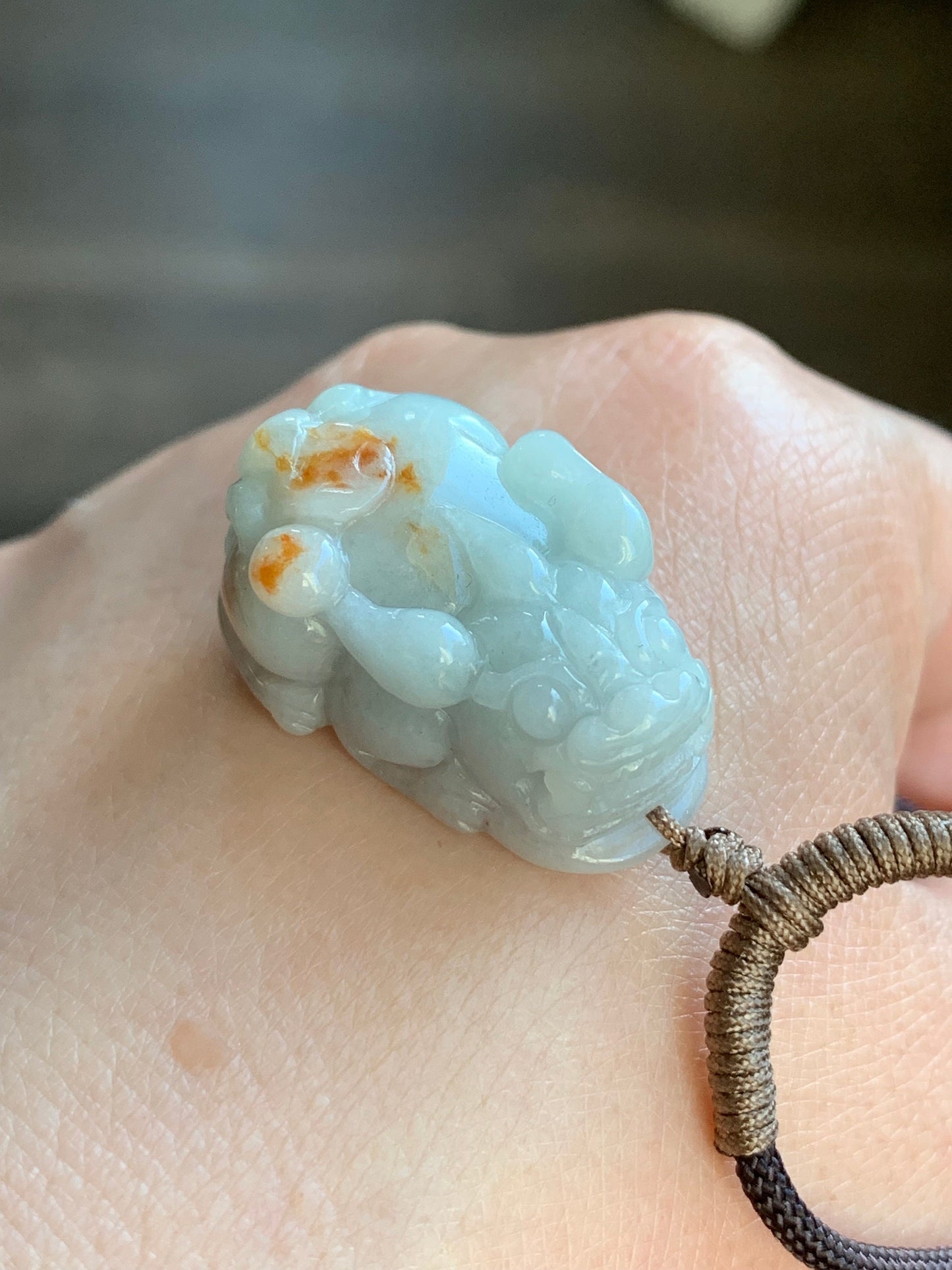 Natural Burmese Icy Translucent Golden Orange Marbled Jadeite Carved Pixiu Pendant Rope Necklace 30" 18g Adjustable 天然缅甸撒金翡翠精工貔貅吊坠