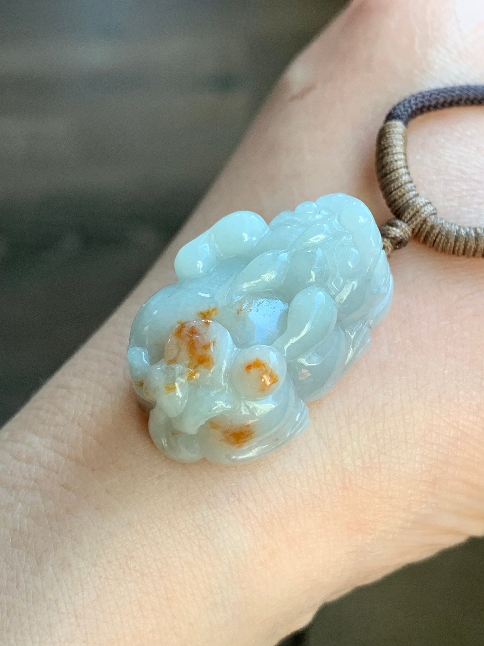 Natural Burmese Icy Translucent Golden Orange Marbled Jadeite Carved Pixiu Pendant Rope Necklace 30" 18g Adjustable 天然缅甸撒金翡翠精工貔貅吊坠