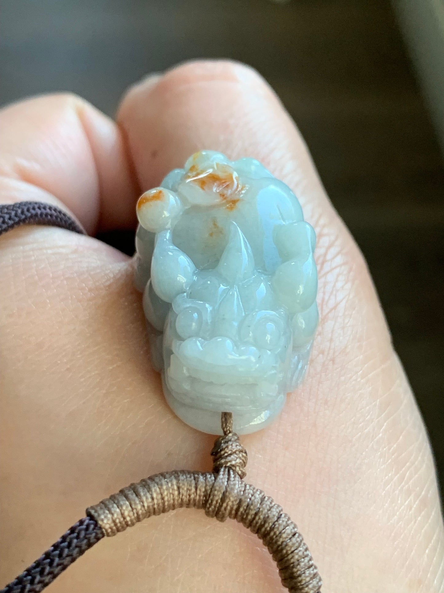 Natural Burmese Icy Translucent Golden Orange Marbled Jadeite Carved Pixiu Pendant Rope Necklace 30" 18g Adjustable 天然缅甸撒金翡翠精工貔貅吊坠