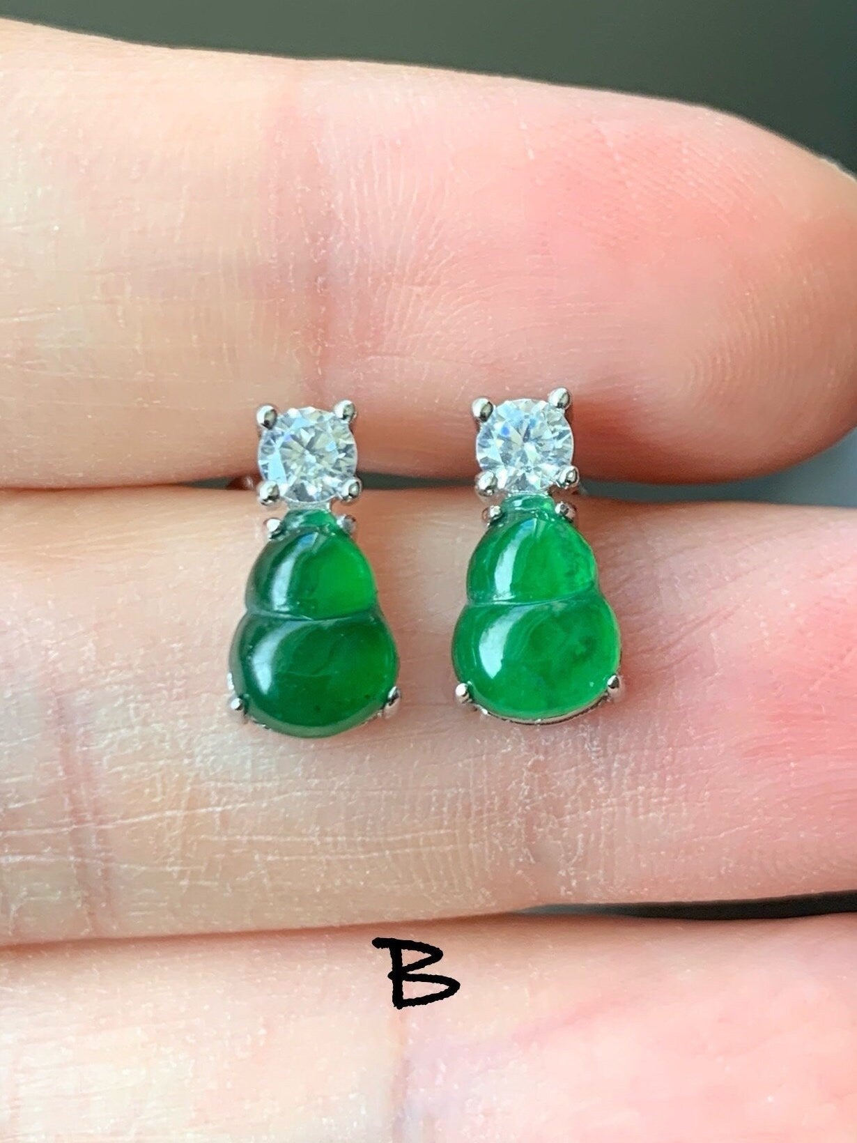 Natural Guatemalan Icy Translucent Green Jadeite Gourd Hulu Stud Earrings S925 Sterling Silver Yellow Gold Overlay 天然冰危绿翡翠葫芦银镶耳钉
