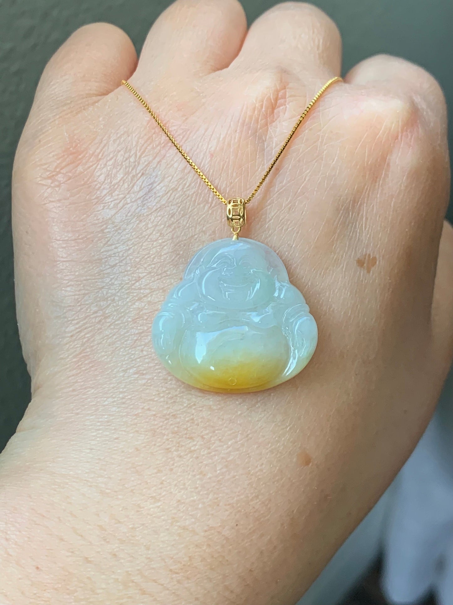 Natural Burmese Icy Translucent White Yellow & Light Green Marbled Tricolored Jadeite Buddha Pendant 18K Yellow Gold 天然缅甸白冰三彩翡翠佛公镶嵌吊坠