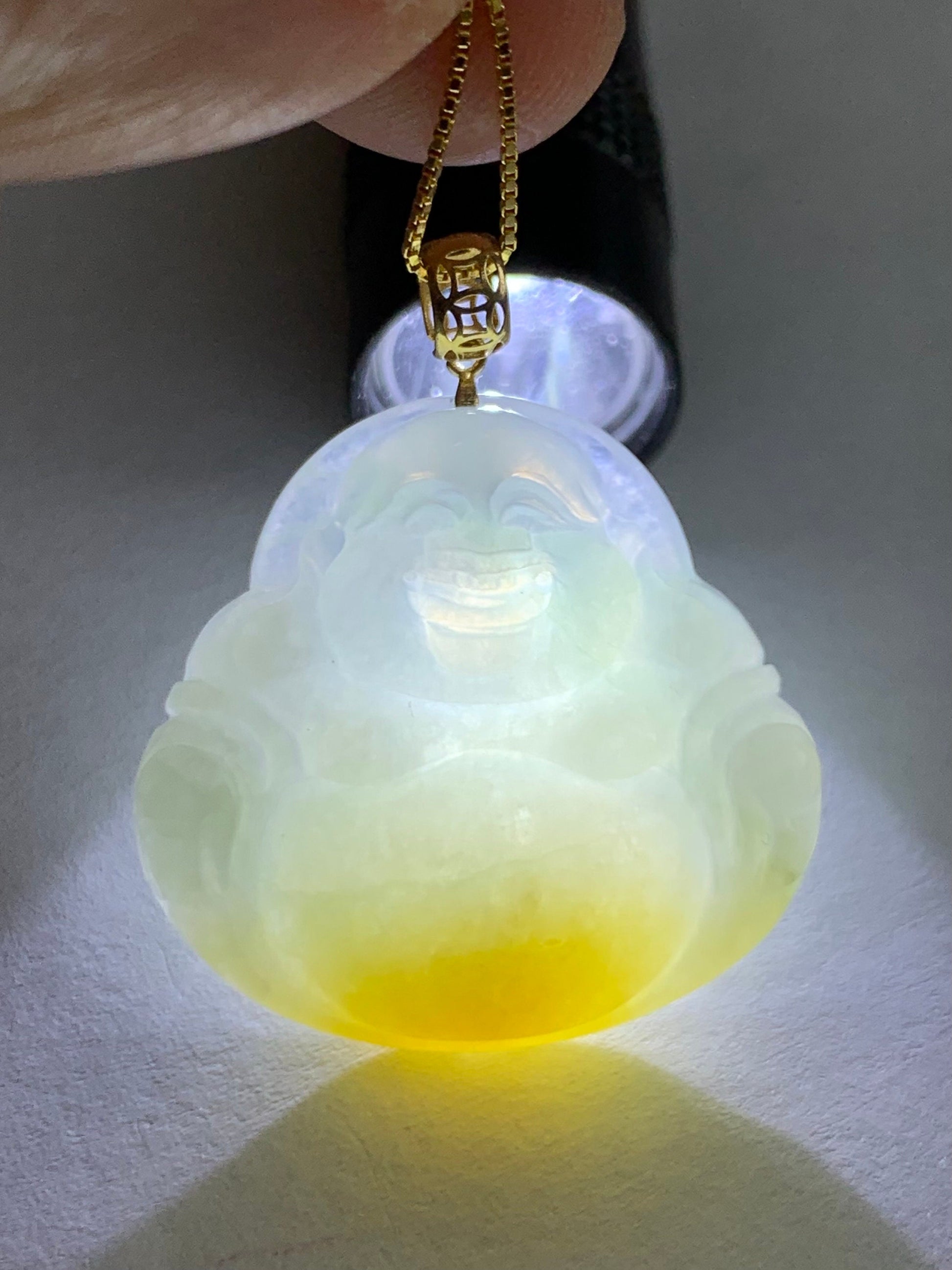 Natural Burmese Icy Translucent White Yellow & Light Green Marbled Tricolored Jadeite Buddha Pendant 18K Yellow Gold 天然缅甸白冰三彩翡翠佛公镶嵌吊坠