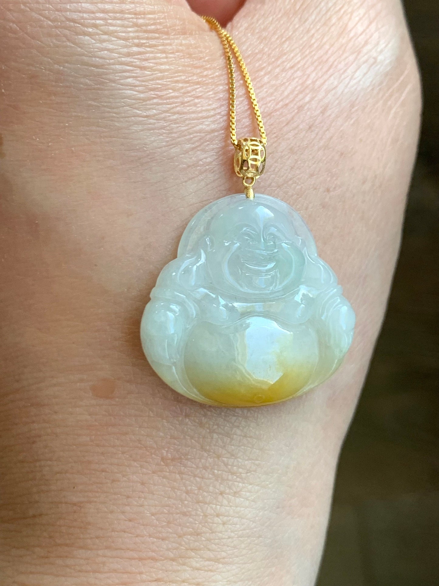 Natural Burmese Icy Translucent White Yellow & Light Green Marbled Tricolored Jadeite Buddha Pendant 18K Yellow Gold 天然缅甸白冰三彩翡翠佛公镶嵌吊坠