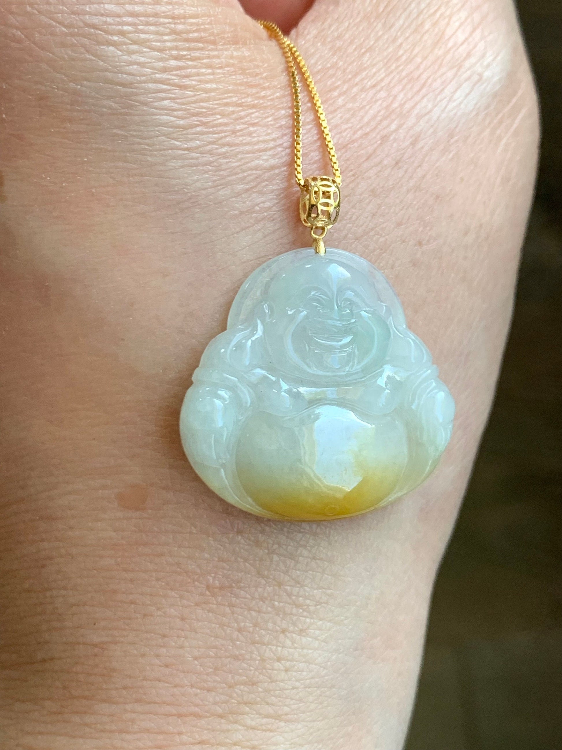 Natural Burmese Icy Translucent White Yellow & Light Green Marbled Tricolored Jadeite Buddha Pendant 18K Yellow Gold 天然缅甸白冰三彩翡翠佛公镶嵌吊坠