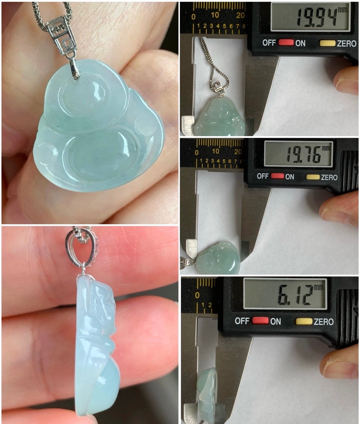 Natural Burmese Icy Translucent Gelatinous Light Green Jadeite Carved Buddha Pendant 18K White Gold 3 grams 天然缅甸冰胶晴底翡翠佛公镶嵌吊坠