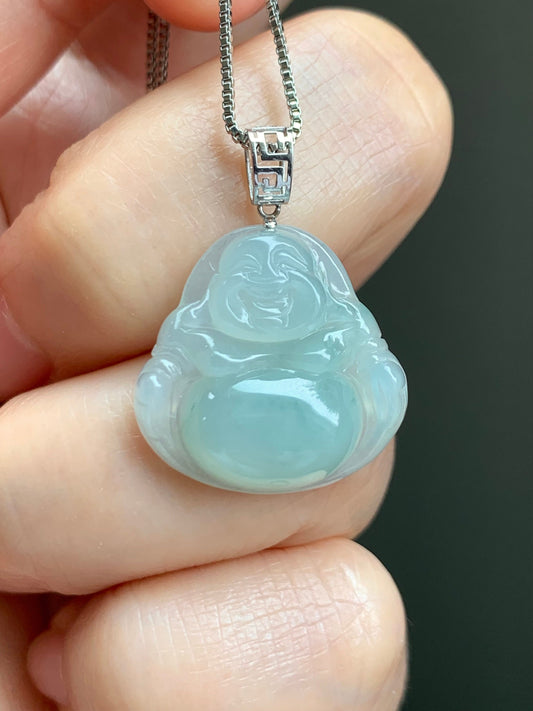 Natural Burmese Icy Translucent Gelatinous Light Green Jadeite Carved Buddha Pendant 18K White Gold 3 grams 天然缅甸冰胶晴底翡翠佛公镶嵌吊坠