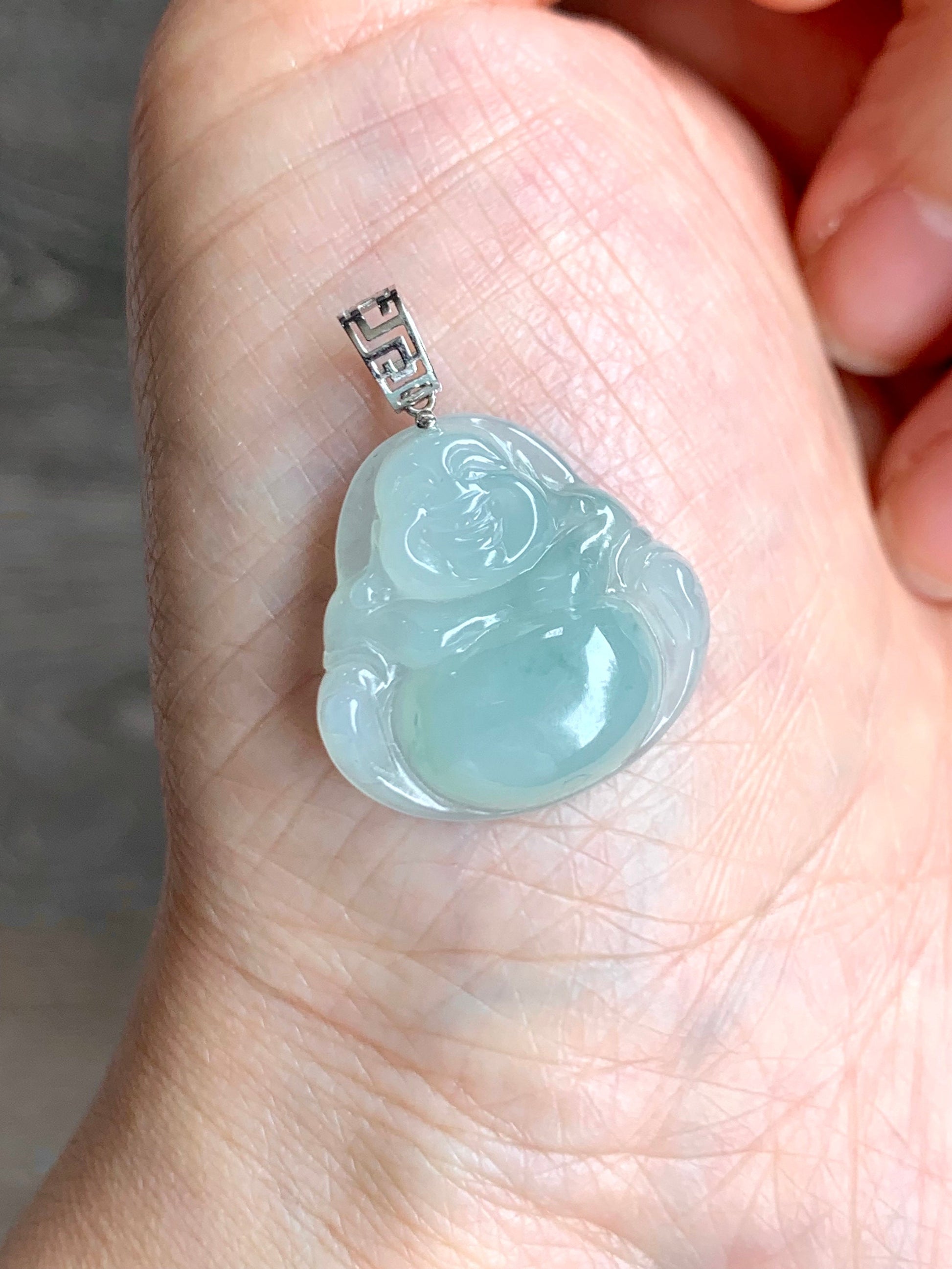 Natural Burmese Icy Translucent Gelatinous Light Green Jadeite Carved Buddha Pendant 18K White Gold 3 grams 天然缅甸冰胶晴底翡翠佛公镶嵌吊坠
