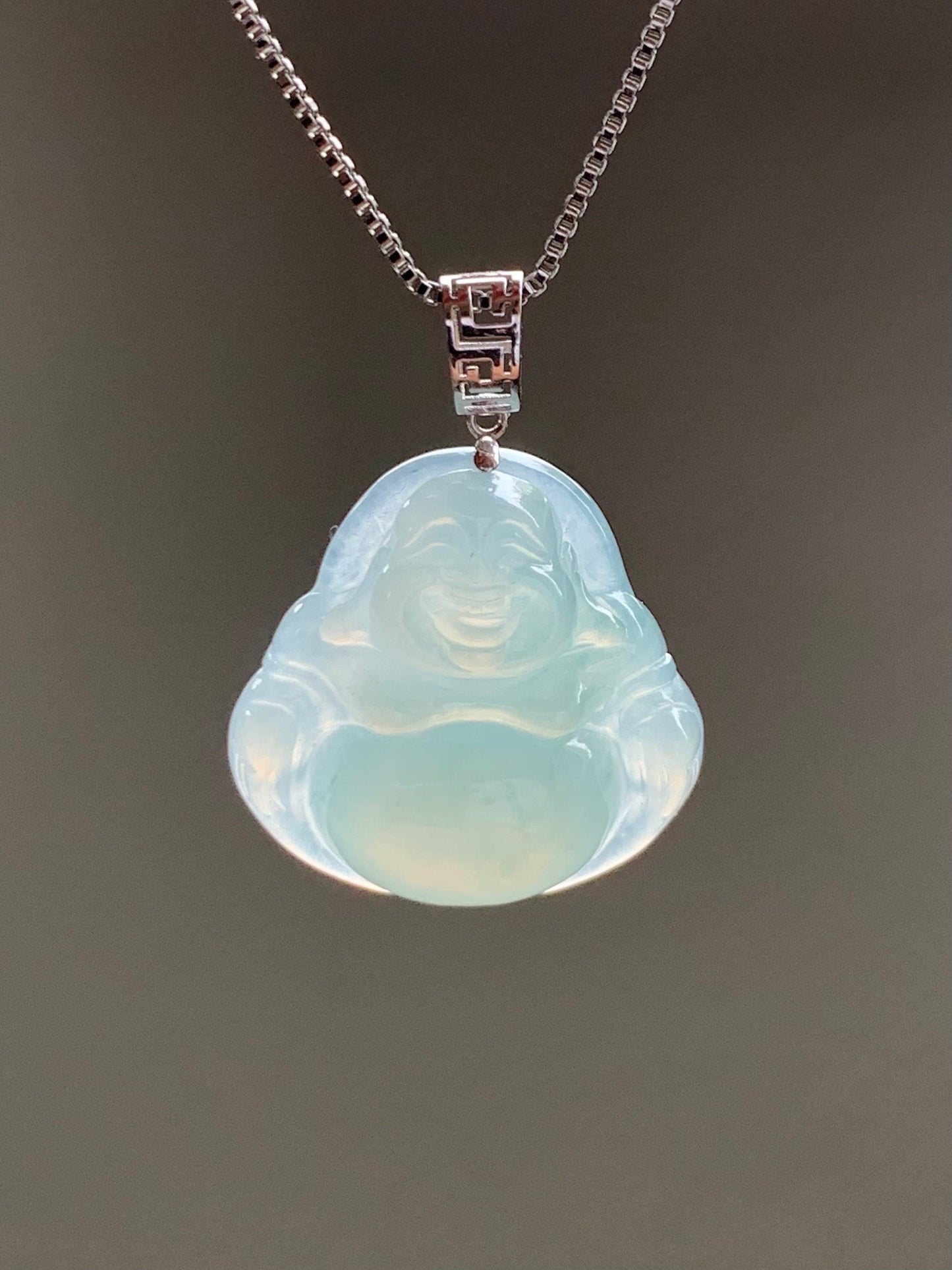 Natural Burmese Icy Translucent Gelatinous Light Green Jadeite Carved Buddha Pendant 18K White Gold 3 grams 天然缅甸冰胶晴底翡翠佛公镶嵌吊坠