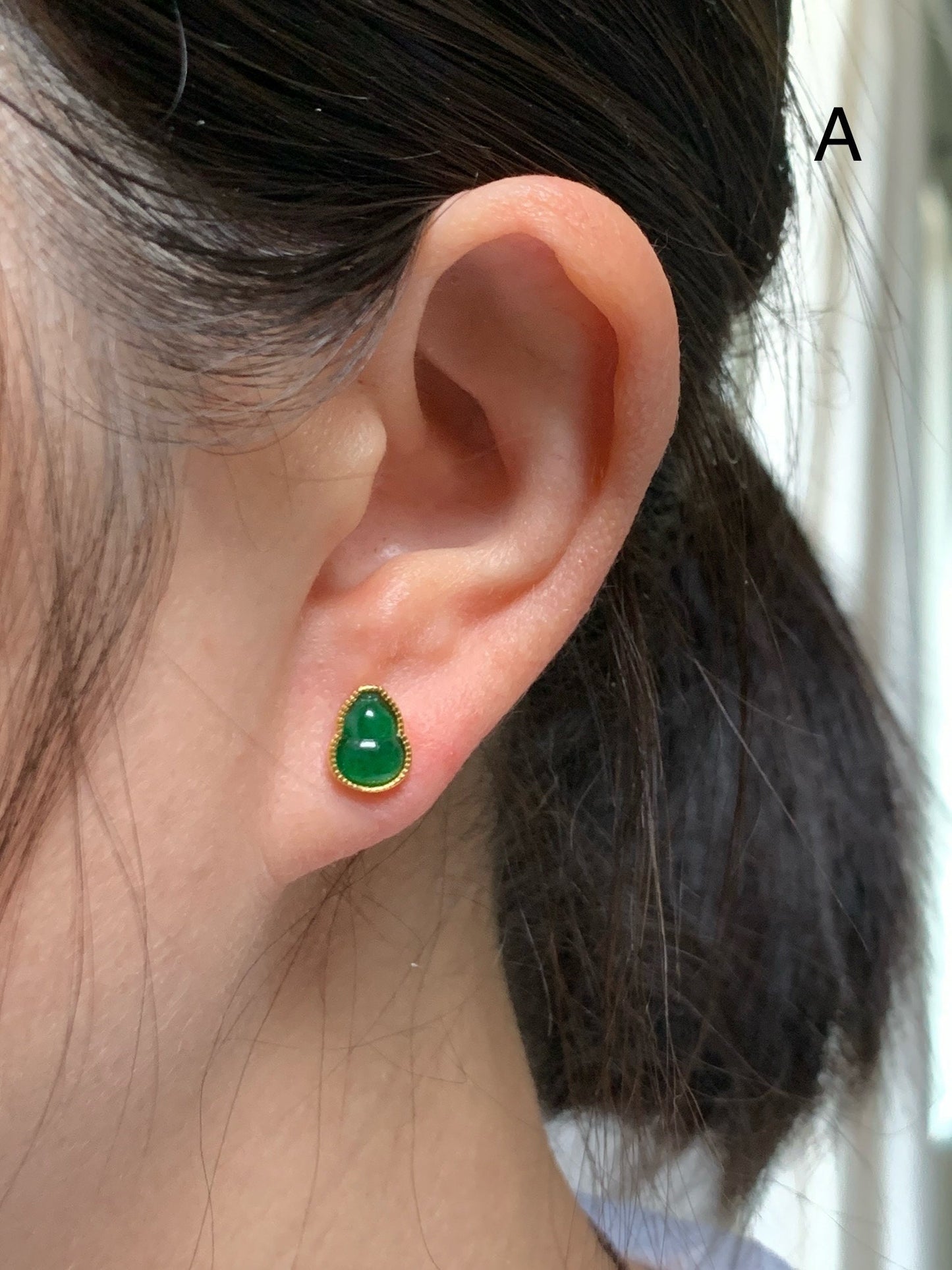 Natural Guatemalan Icy Translucent Green Jadeite Gourd Hulu Stud Earrings S925 Sterling Silver Yellow Gold Overlay 天然冰危绿翡翠葫芦银镶耳钉 A