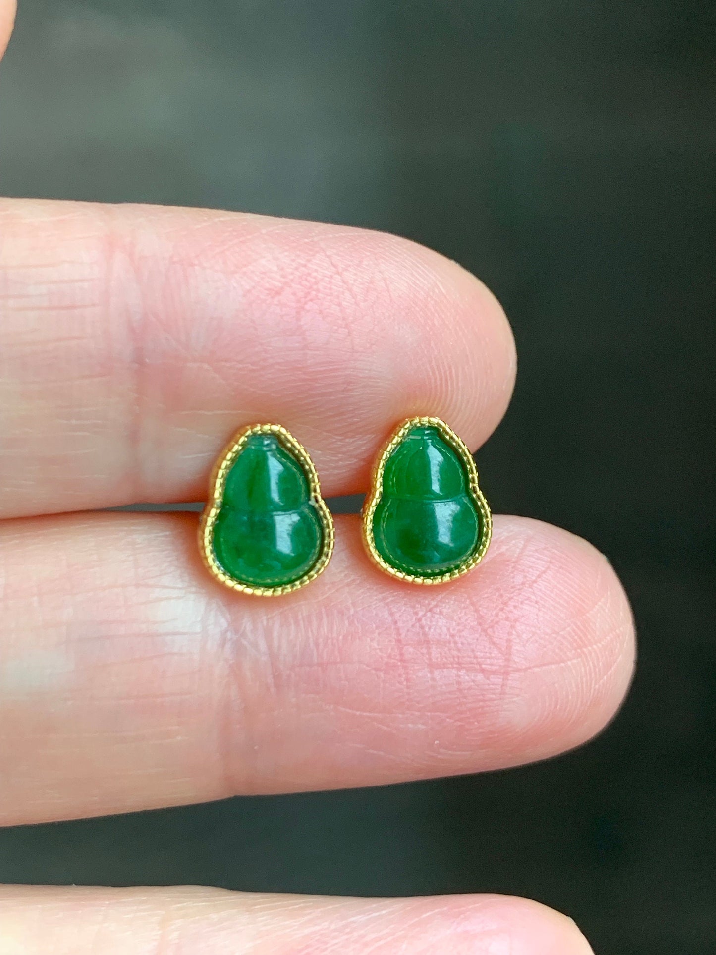 Natural Guatemalan Icy Translucent Green Jadeite Gourd Hulu Stud Earrings S925 Sterling Silver Yellow Gold Overlay 天然冰危绿翡翠葫芦银镶耳钉 A