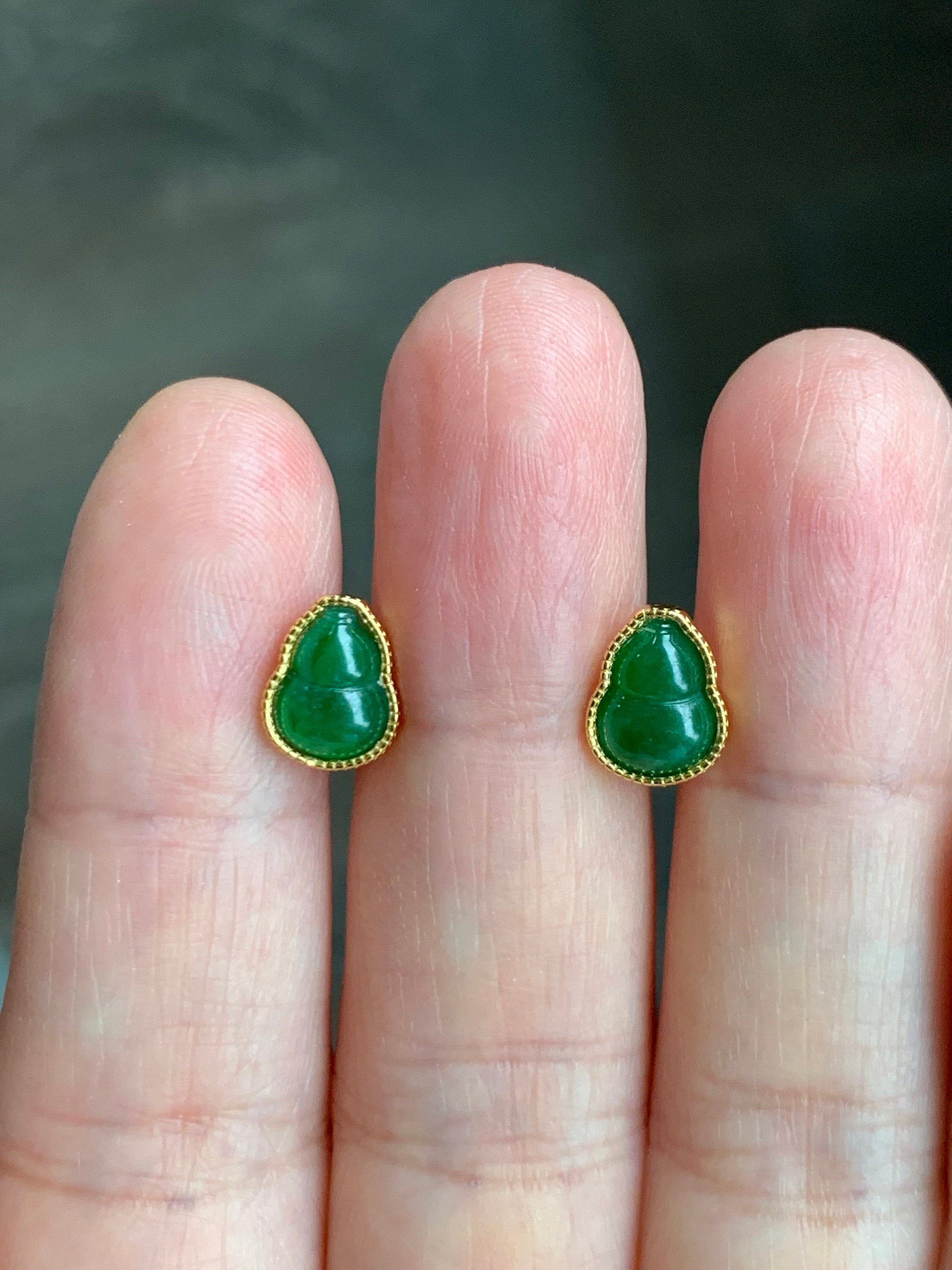 Natural Guatemalan Icy Translucent Green Jadeite Gourd Hulu Stud Earrings S925 Sterling Silver Yellow Gold Overlay 天然冰危绿翡翠葫芦银镶耳钉 A