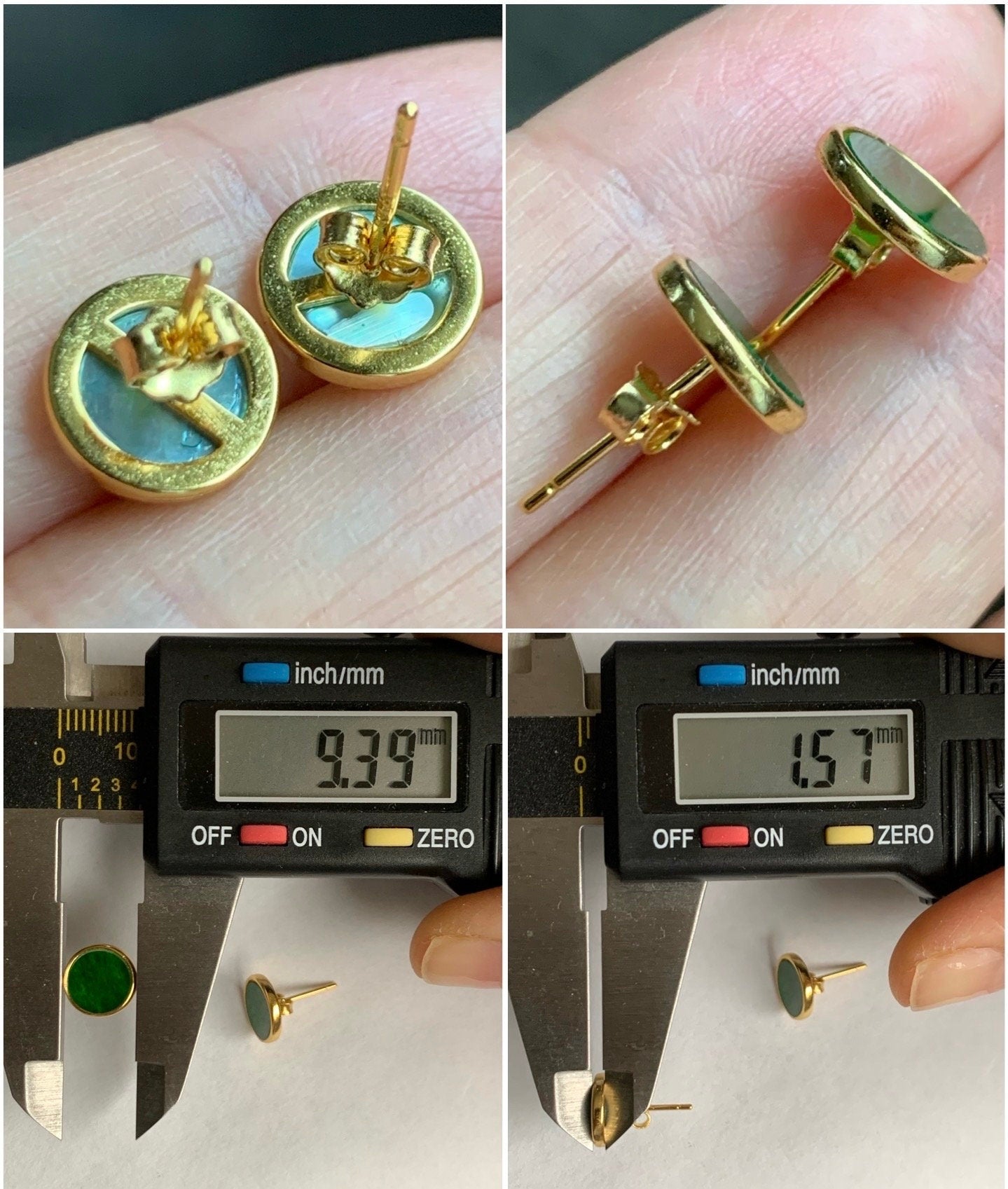 Natural Burmese Icy Translucent Vibrant Green Jadeite Coin Disc Stud Earrings S925 Sterling Silver Yellow Gold Overlay 天然缅甸花青翡翠银镶耳钉