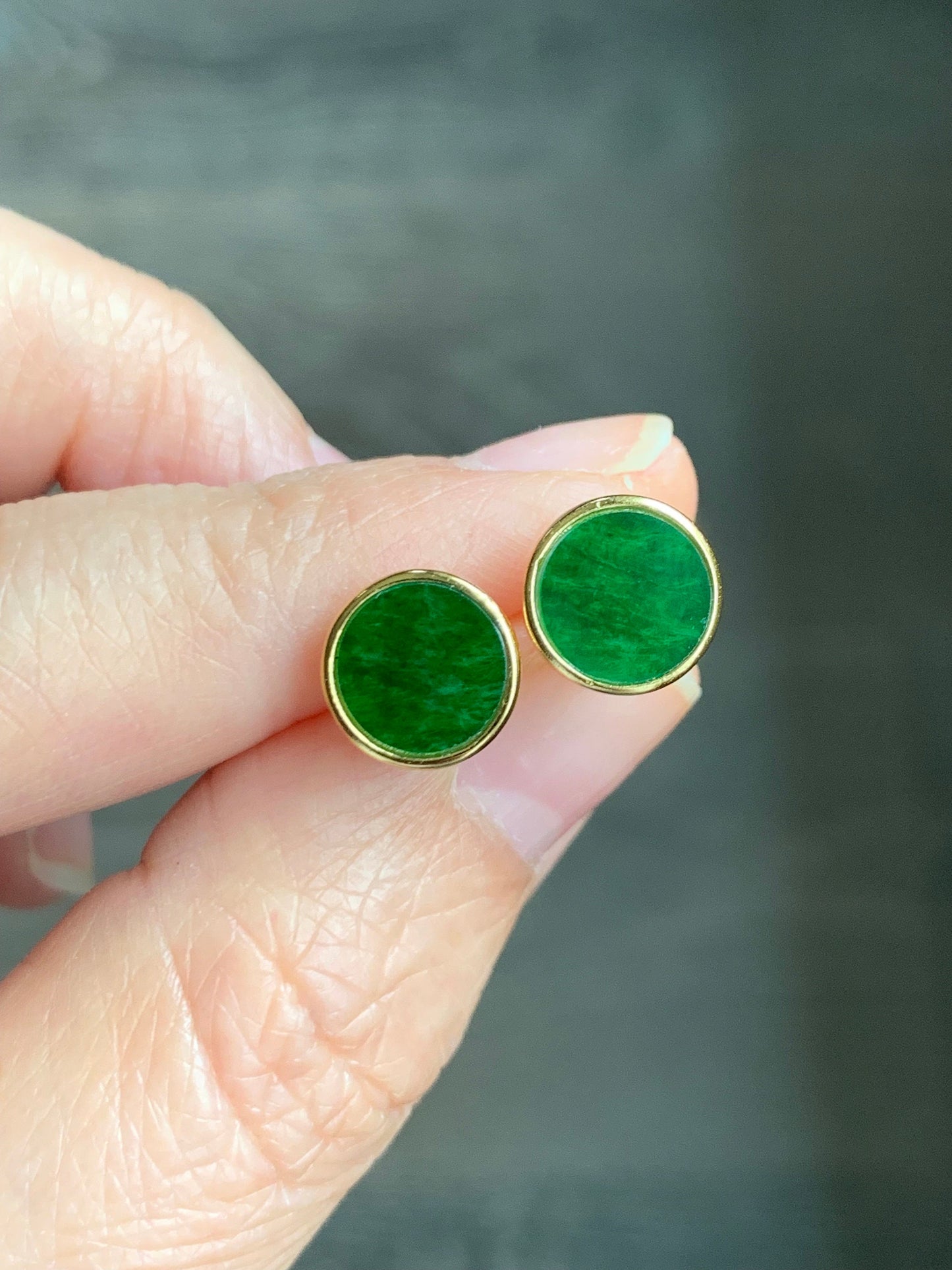 Natural Burmese Icy Translucent Vibrant Green Jadeite Coin Disc Stud Earrings S925 Sterling Silver Yellow Gold Overlay 天然缅甸花青翡翠银镶耳钉