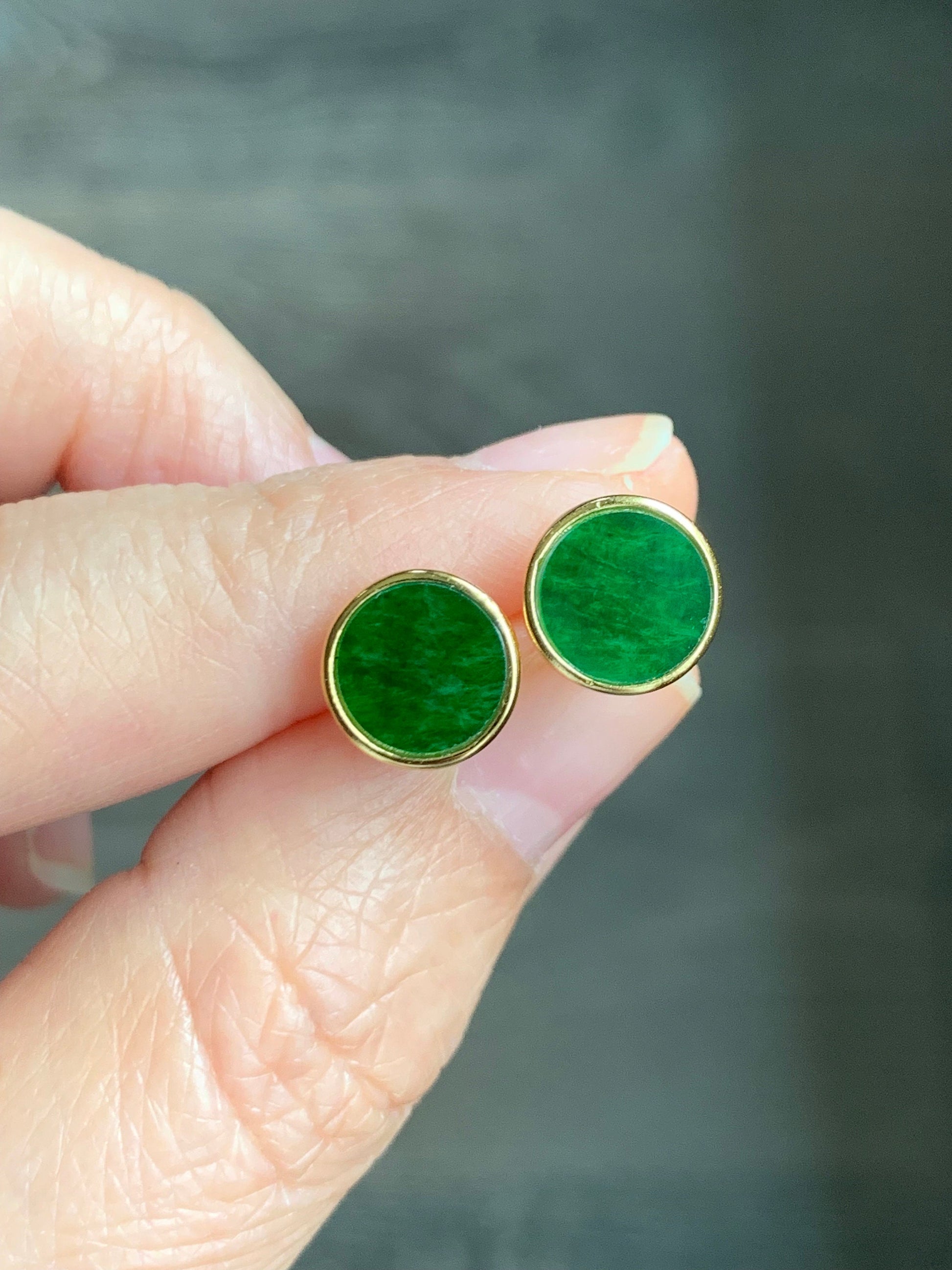 Natural Burmese Icy Translucent Vibrant Green Jadeite Coin Disc Stud Earrings S925 Sterling Silver Yellow Gold Overlay 天然缅甸花青翡翠银镶耳钉