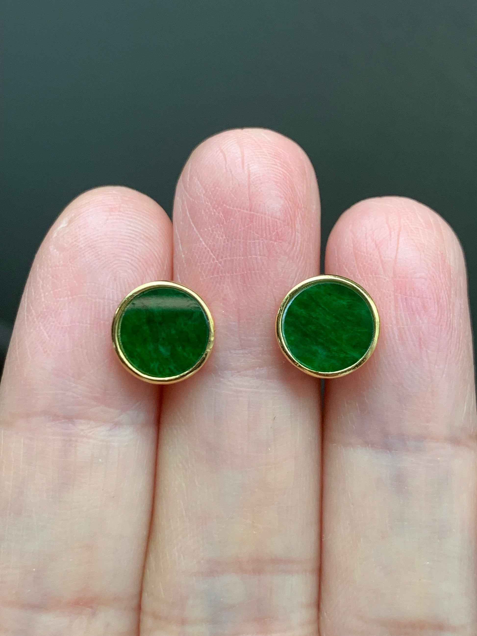 Natural Burmese Icy Translucent Vibrant Green Jadeite Coin Disc Stud Earrings S925 Sterling Silver Yellow Gold Overlay 天然缅甸花青翡翠银镶耳钉