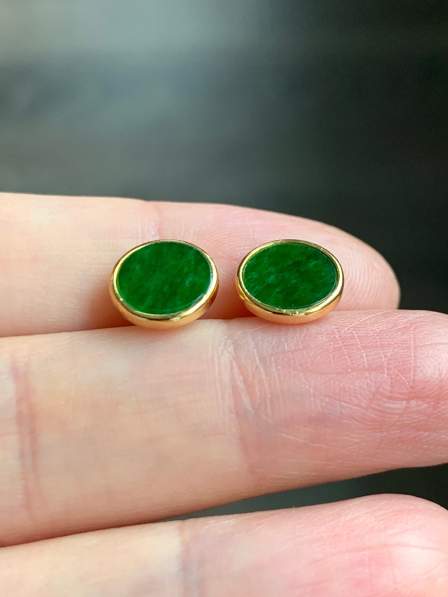 Natural Burmese Icy Translucent Vibrant Green Jadeite Coin Disc Stud Earrings S925 Sterling Silver Yellow Gold Overlay 天然缅甸花青翡翠银镶耳钉