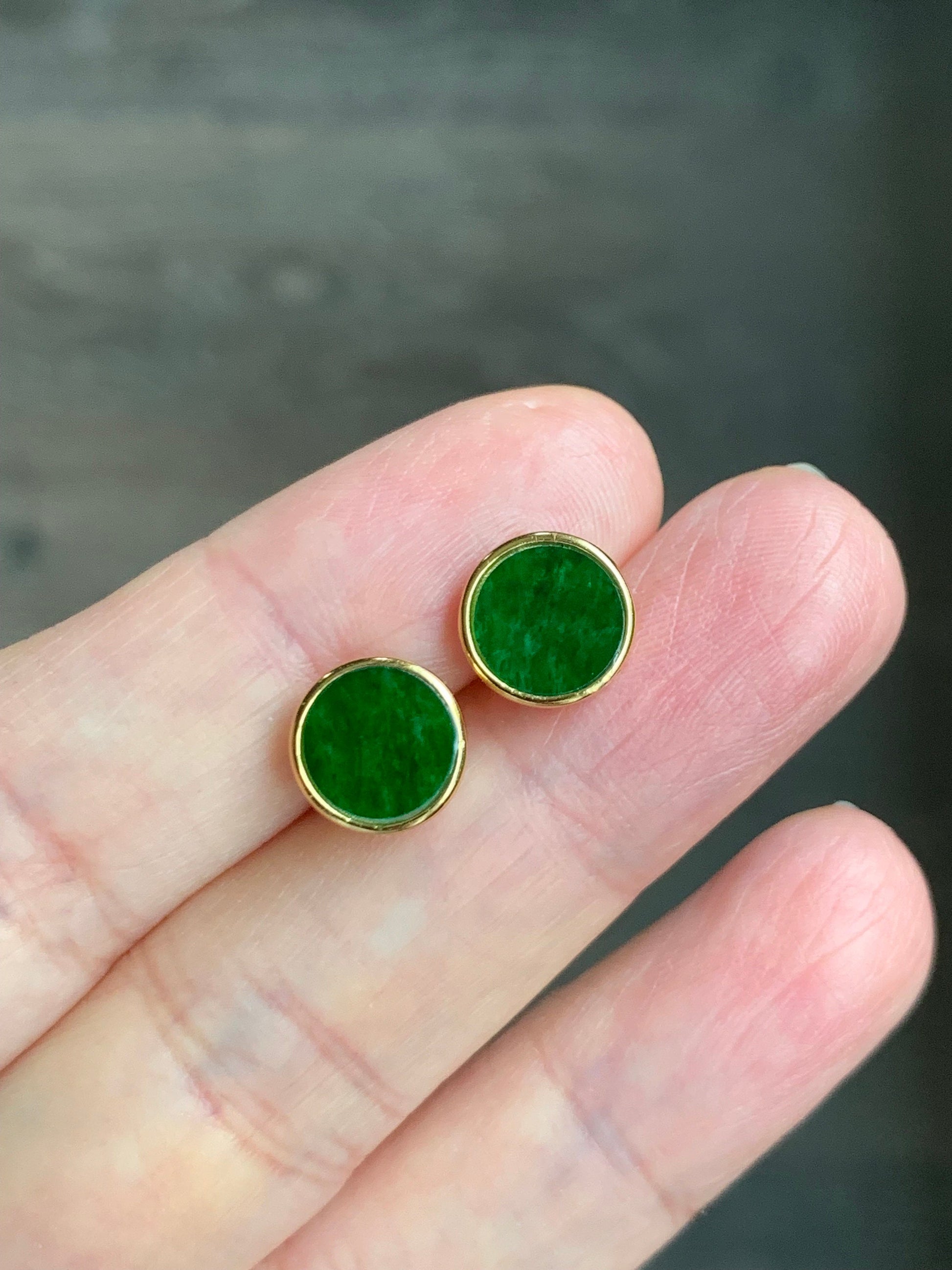Natural Burmese Icy Translucent Vibrant Green Jadeite Coin Disc Stud Earrings S925 Sterling Silver Yellow Gold Overlay 天然缅甸花青翡翠银镶耳钉