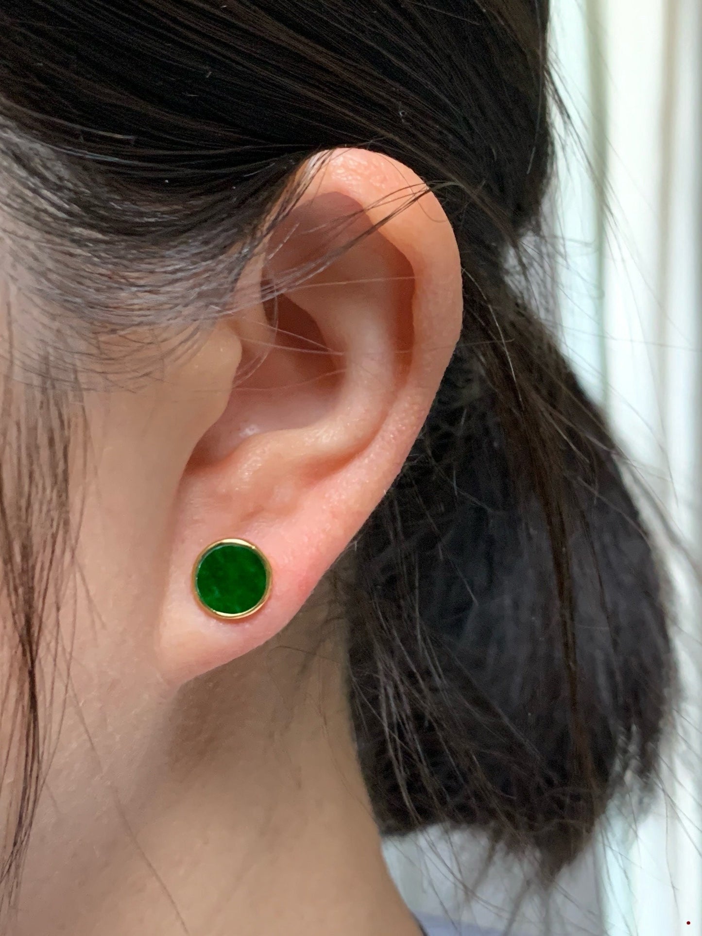 Natural Burmese Icy Translucent Vibrant Green Jadeite Coin Disc Stud Earrings S925 Sterling Silver Yellow Gold Overlay 天然缅甸花青翡翠银镶耳钉