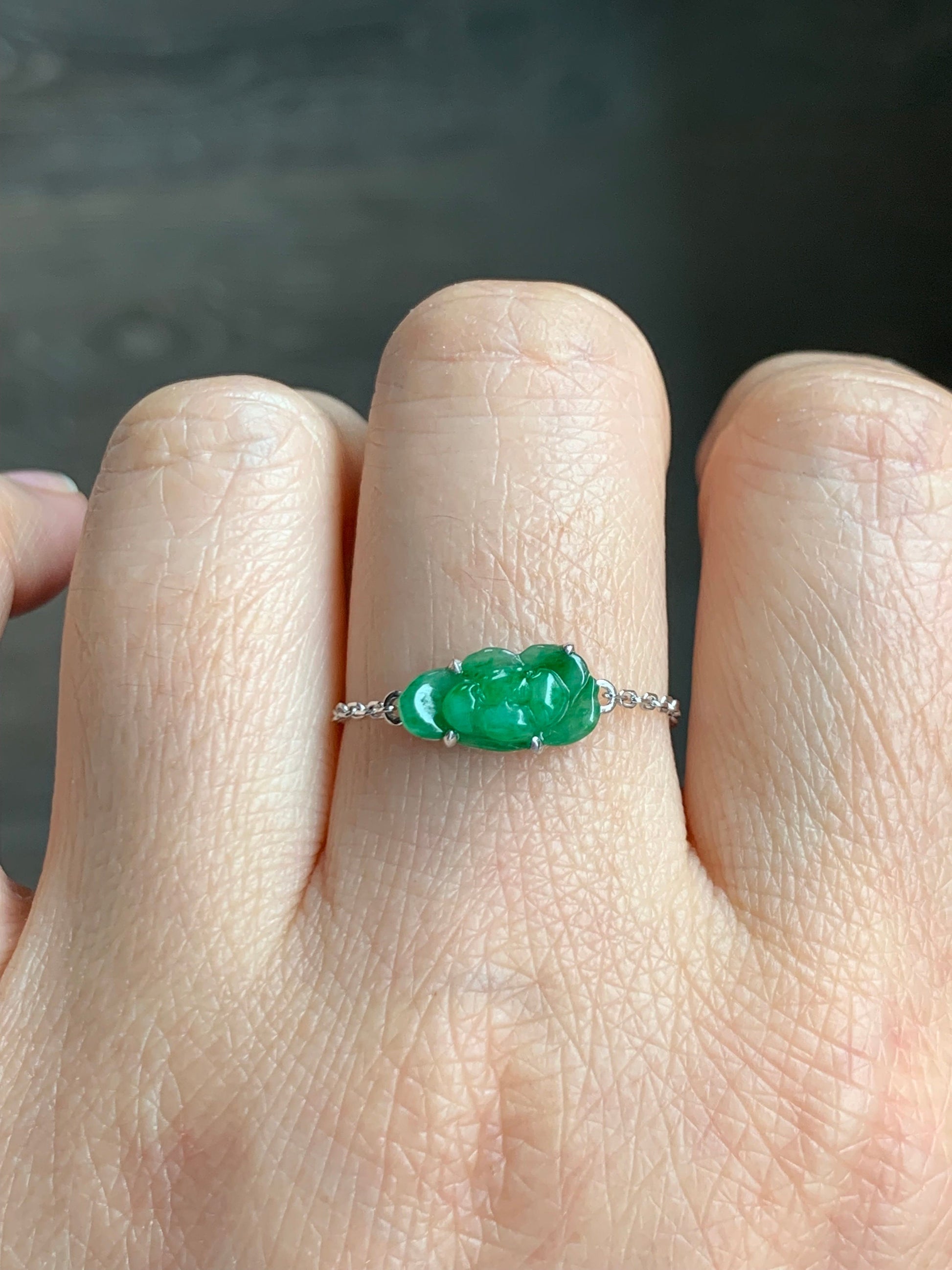 Certified Natural Burmese Icy Translucent Vibrant Green Jadeite Carved Lotus Flower Chain Ring 18K White Gold Adjustable 天然缅甸冰阳绿翡翠荷花镶嵌戒指