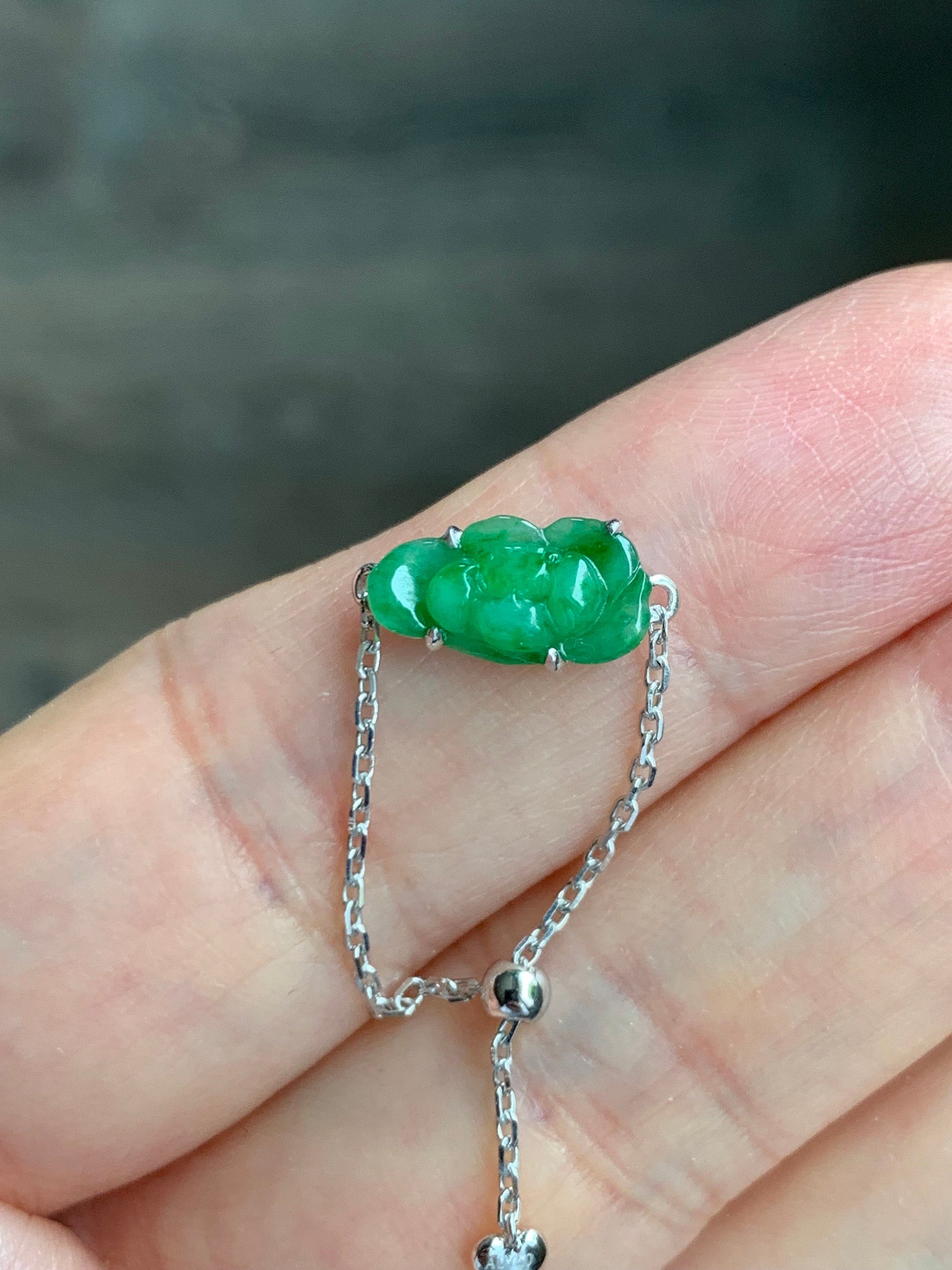 Certified Natural Burmese Icy Translucent Vibrant Green Jadeite Carved Lotus Flower Chain Ring 18K White Gold Adjustable 天然缅甸冰阳绿翡翠荷花镶嵌戒指
