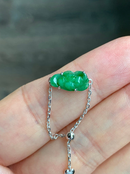 Certified Natural Burmese Icy Translucent Vibrant Green Jadeite Carved Lotus Flower Chain Ring 18K White Gold Adjustable 天然缅甸冰阳绿翡翠荷花镶嵌戒指