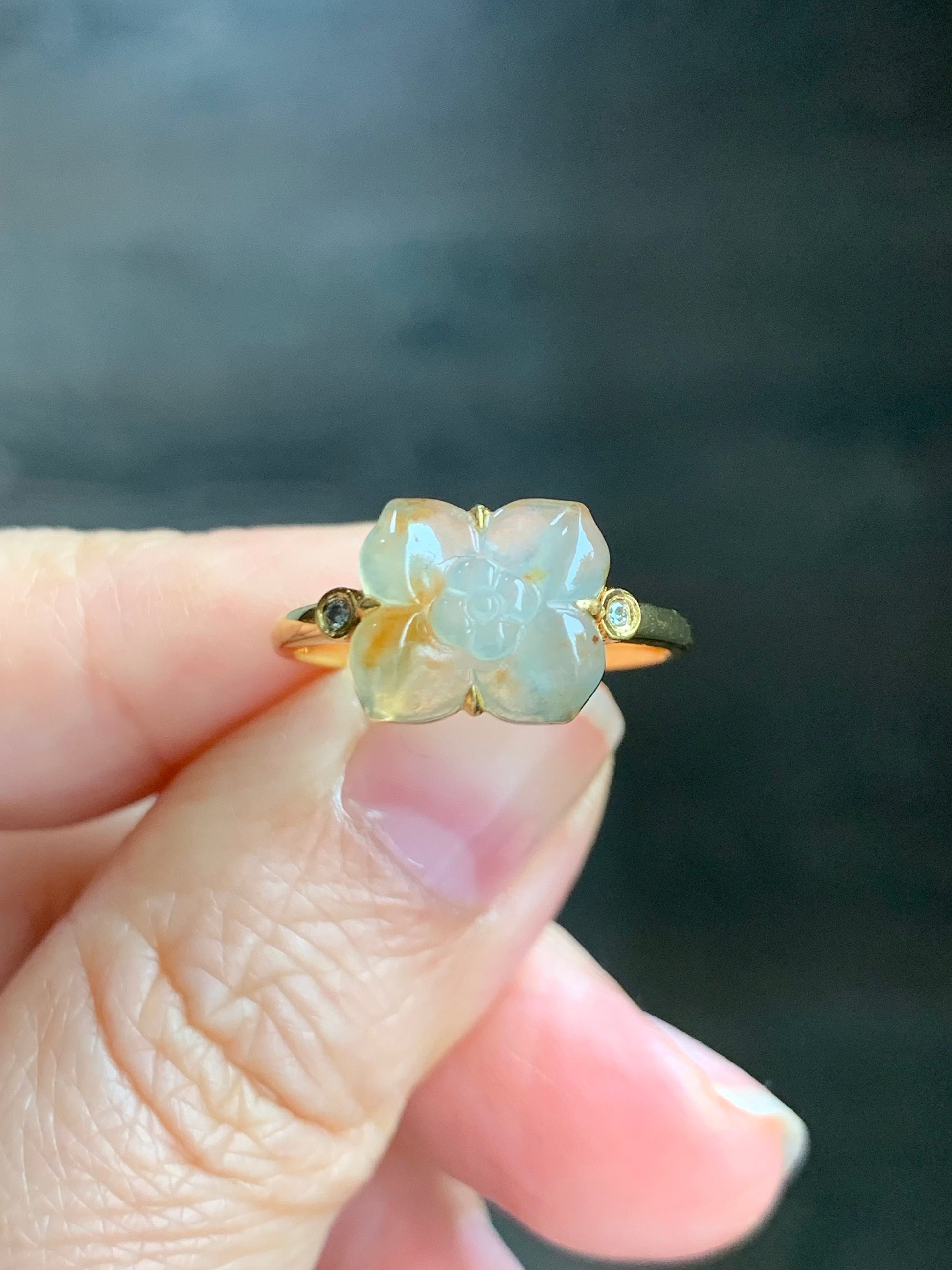 Certified Natural Burmese Icy Highly Translucent Light Yellow Cognac Marbled Jadeite Flower Ring 18K Yellow Gold Sz 7.25 天然缅甸冰糖黄撒金翡翠钻石镶嵌戒指