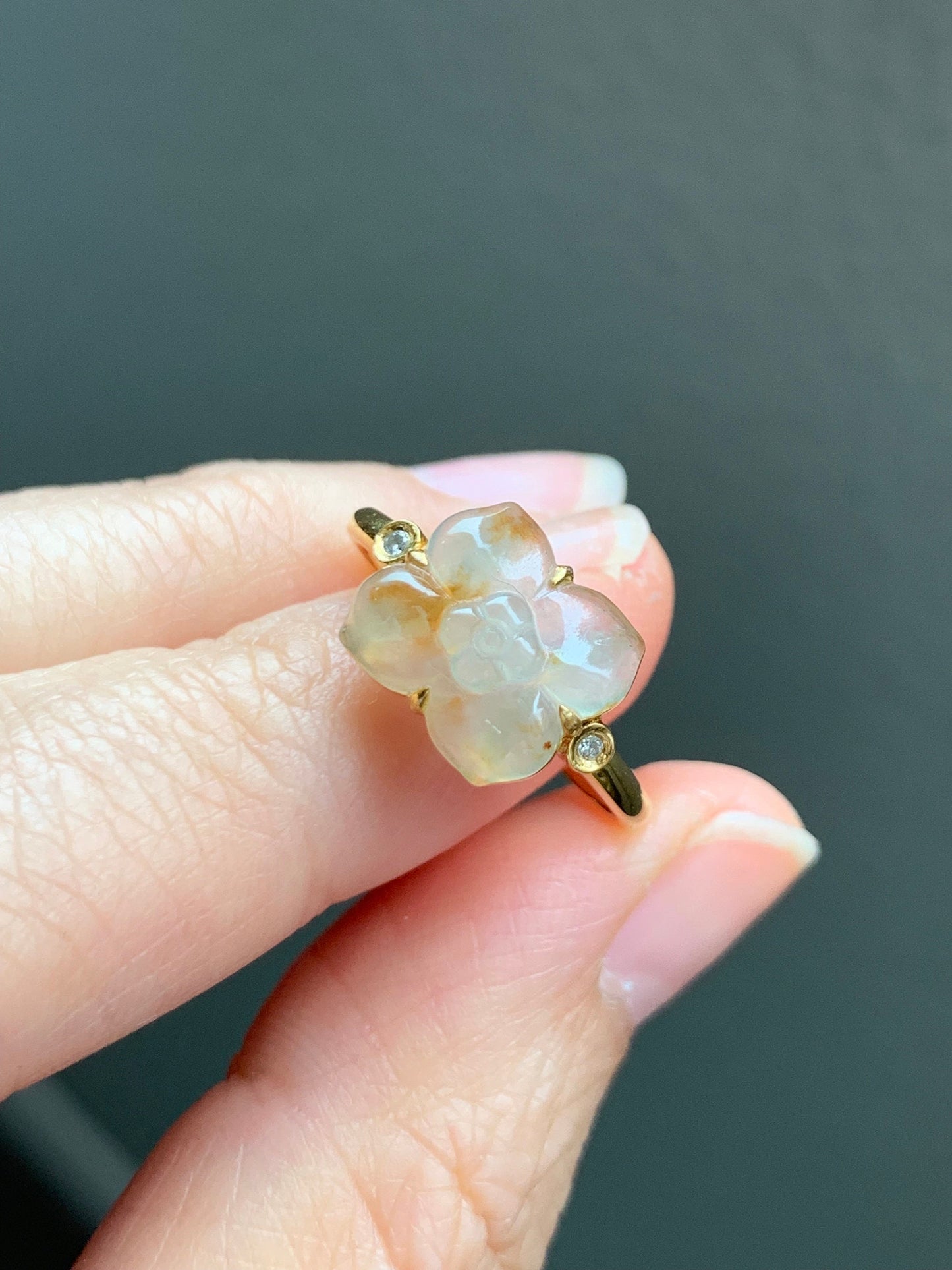 Certified Natural Burmese Icy Highly Translucent Light Yellow Cognac Marbled Jadeite Flower Ring 18K Yellow Gold Sz 7.25 天然缅甸冰糖黄撒金翡翠钻石镶嵌戒指