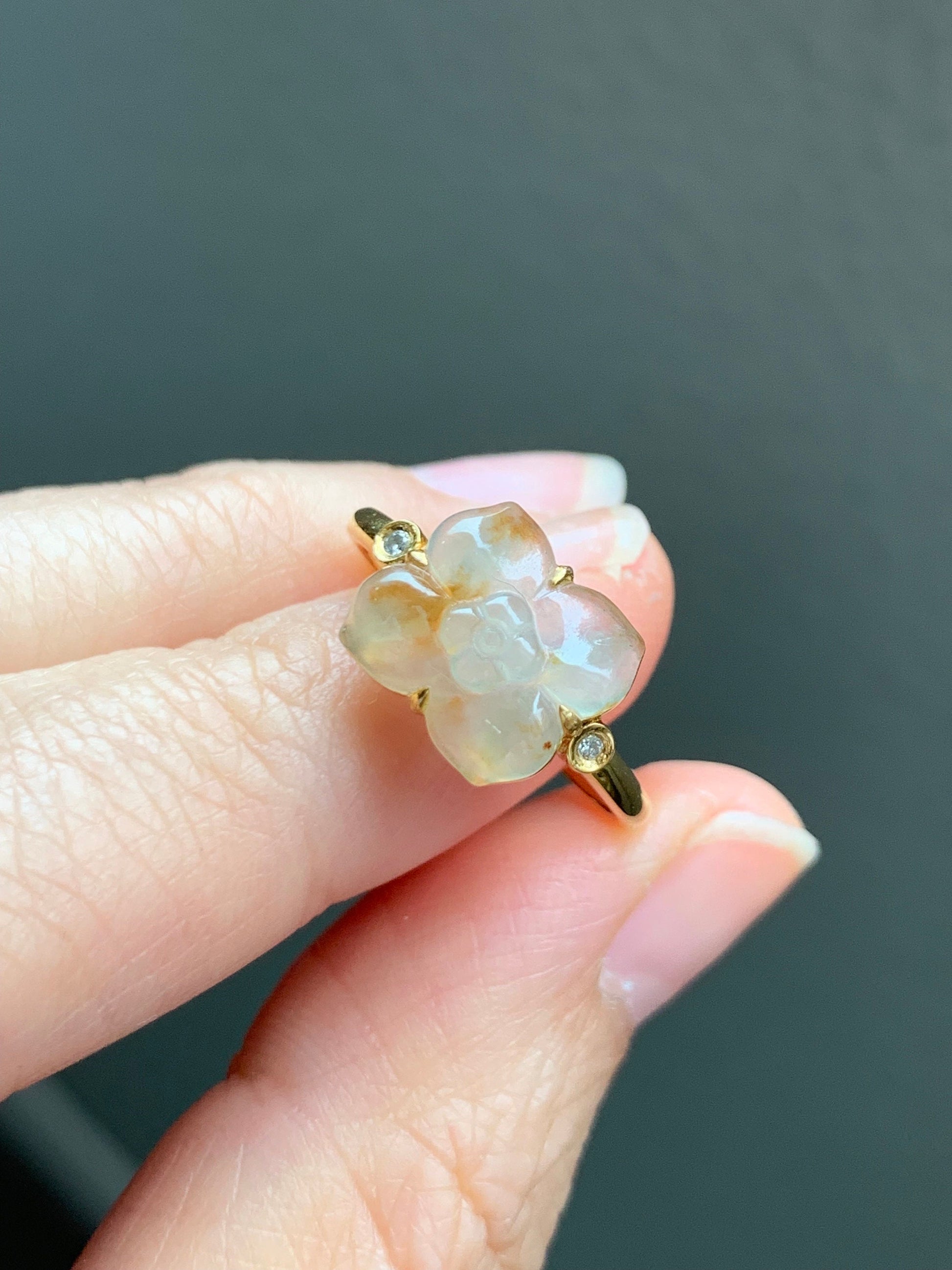 Certified Natural Burmese Icy Highly Translucent Light Yellow Cognac Marbled Jadeite Flower Ring 18K Yellow Gold Sz 7.25 天然缅甸冰糖黄撒金翡翠钻石镶嵌戒指