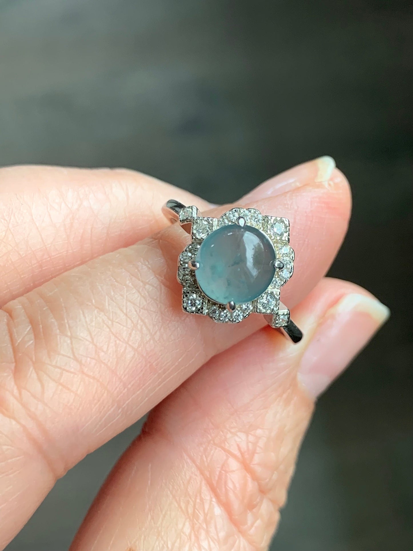 Natural Guatemalan Icy Highly Translucent Light Blue Jadeite Oval Solitaire Ring Sterling Silver Size 7 Adjustable 天然冰危淡蓝翡翠蛋面银镶戒指 WLH70