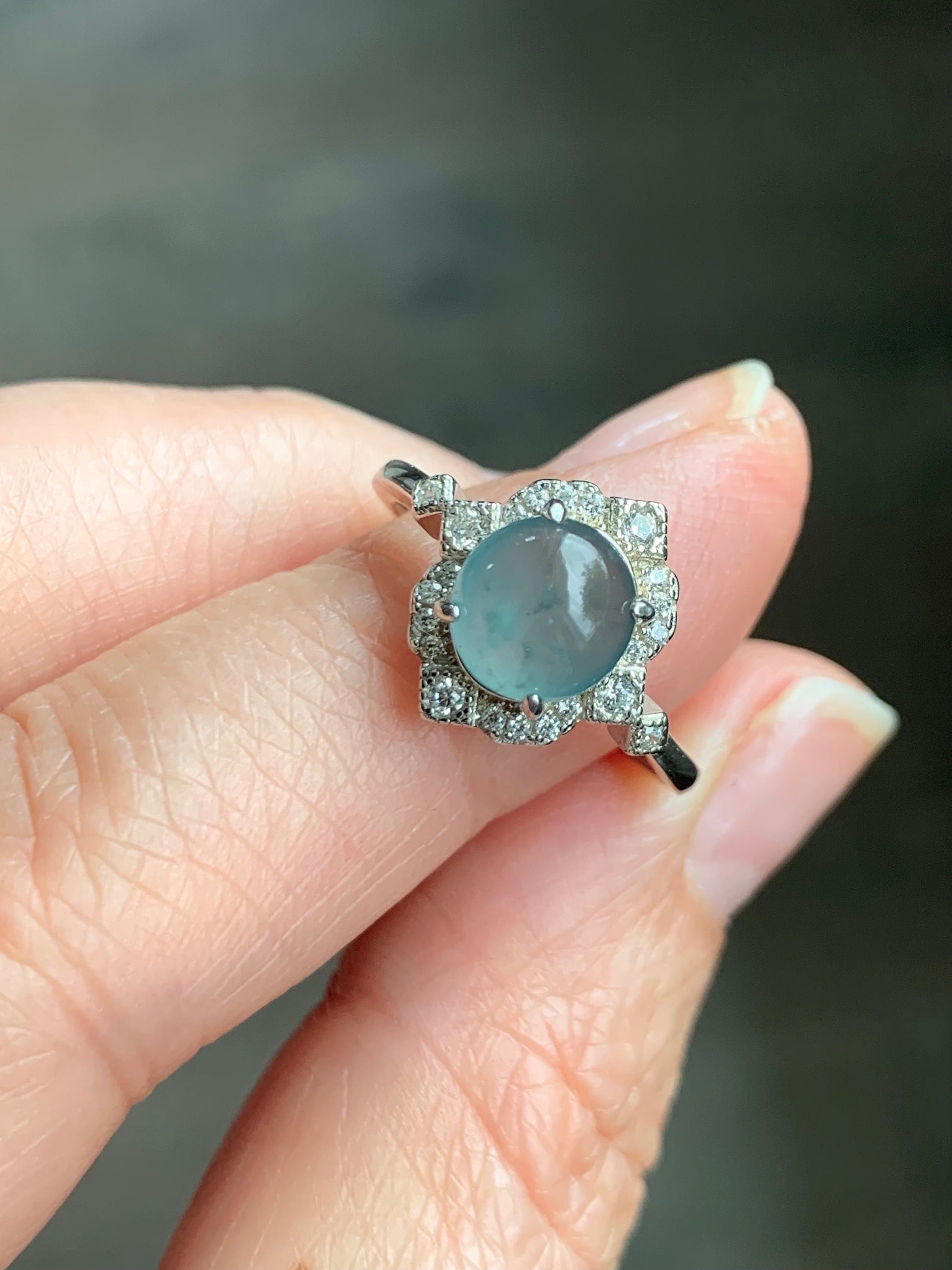 Natural Guatemalan Icy Highly Translucent Light Blue Jadeite Oval Solitaire Ring Sterling Silver Size 7 Adjustable 天然冰危淡蓝翡翠蛋面银镶戒指 WLH70