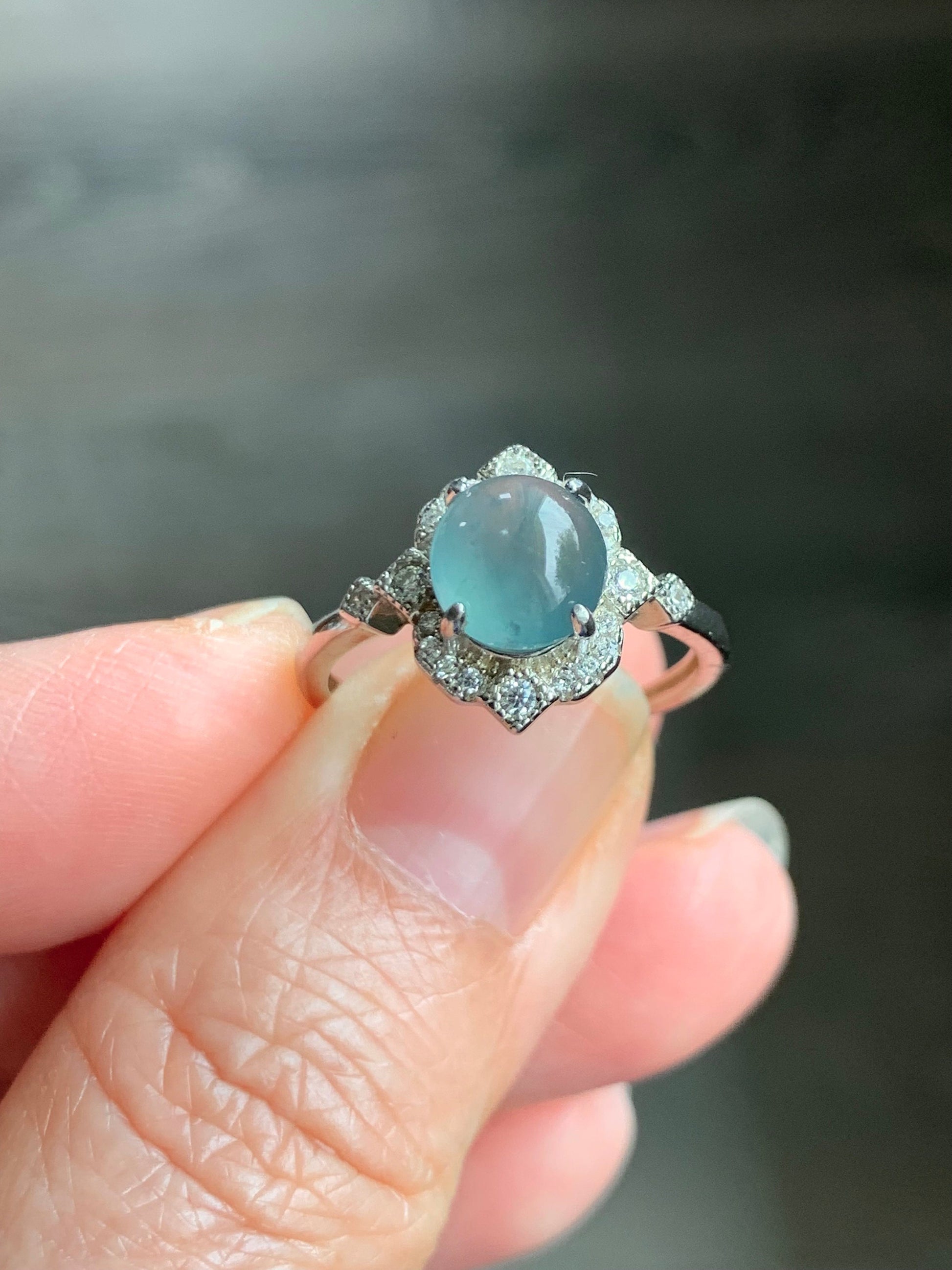 Natural Guatemalan Icy Highly Translucent Light Blue Jadeite Oval Solitaire Ring Sterling Silver Size 7 Adjustable 天然冰危淡蓝翡翠蛋面银镶戒指 WLH70