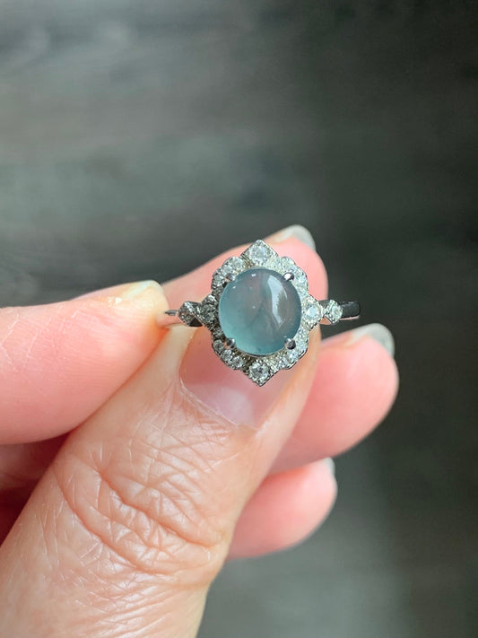 Natural Guatemalan Icy Highly Translucent Light Blue Jadeite Oval Solitaire Ring Sterling Silver Size 7 Adjustable 天然冰危淡蓝翡翠蛋面银镶戒指 WLH70