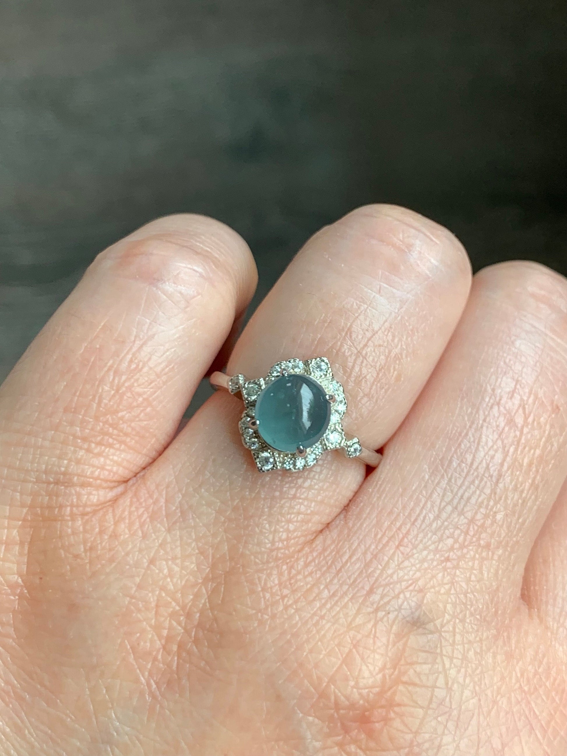 Natural Guatemalan Icy Highly Translucent Light Blue Jadeite Oval Solitaire Ring Sterling Silver Size 7 Adjustable 天然冰危淡蓝翡翠蛋面银镶戒指 WLH70