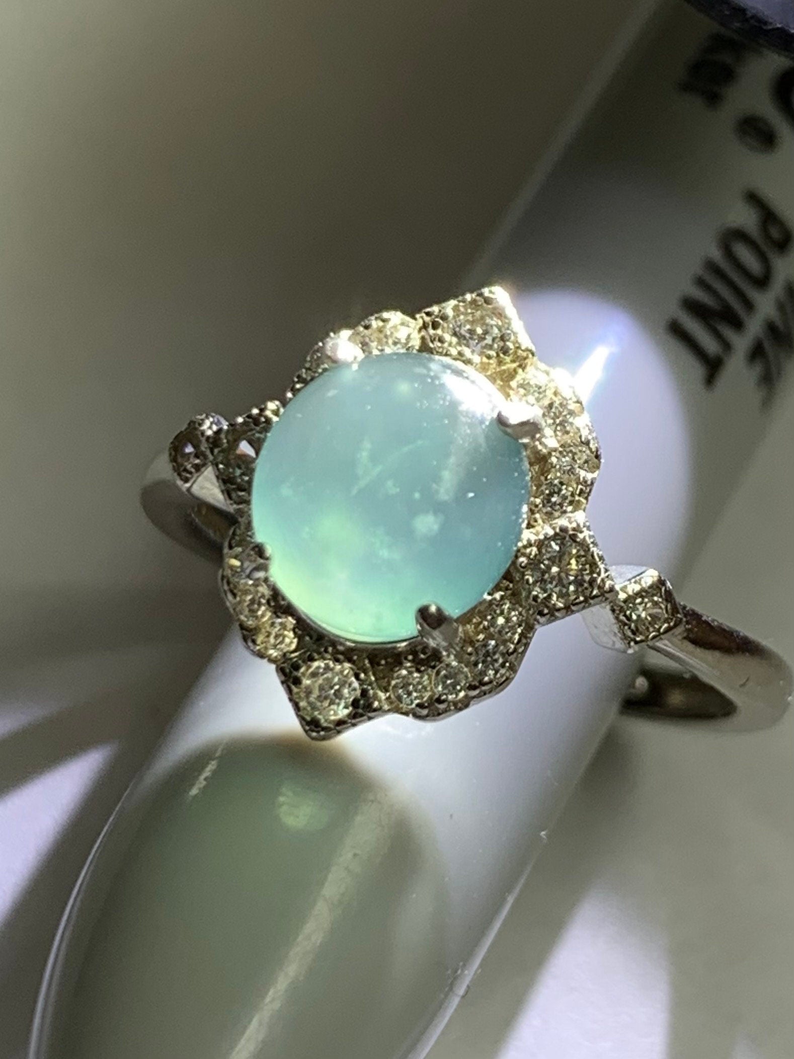 Natural Guatemalan Icy Highly Translucent Light Blue Jadeite Oval Solitaire Ring Sterling Silver Size 7 Adjustable 天然冰危淡蓝翡翠蛋面银镶戒指 WLH70
