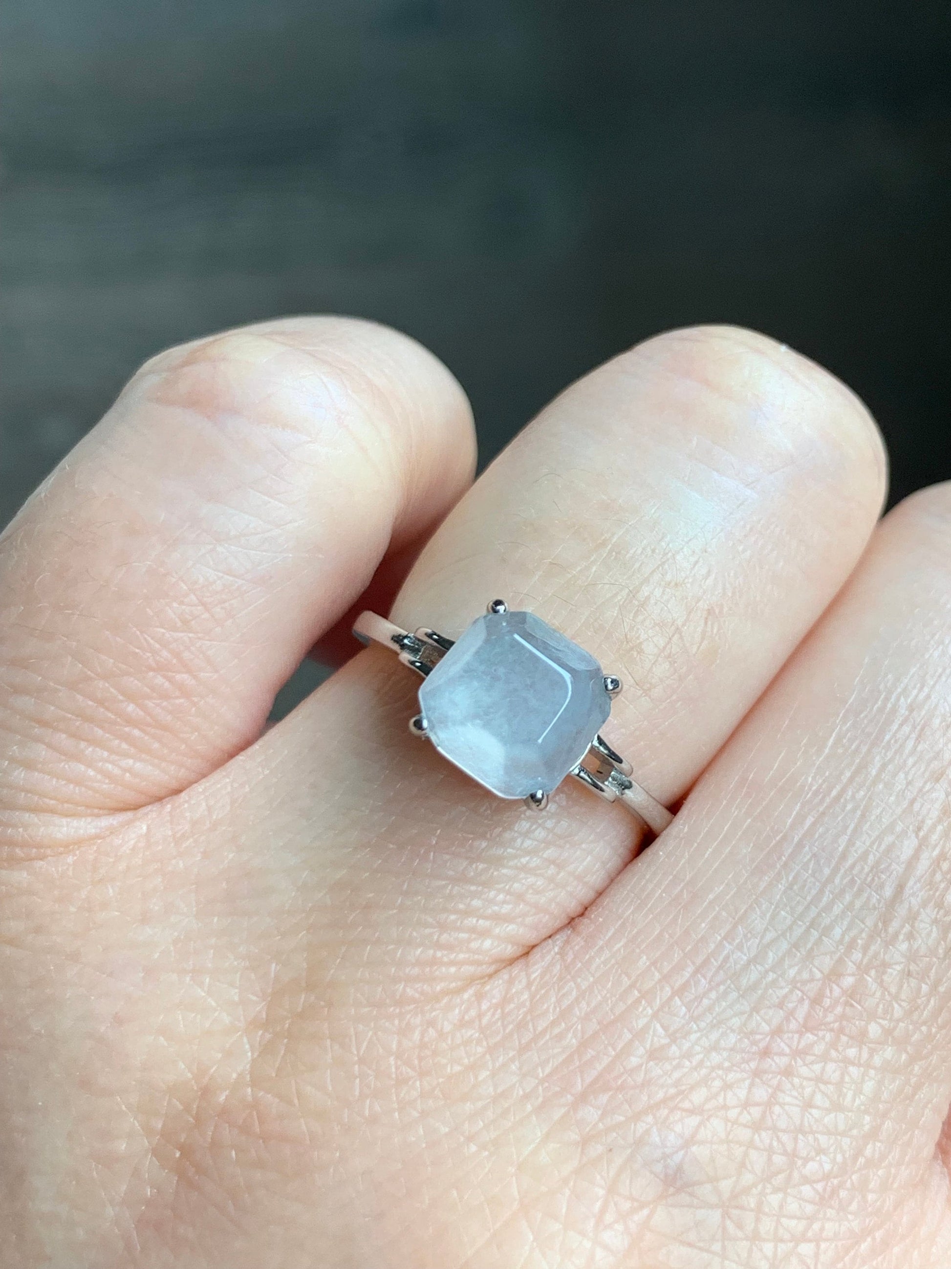 Stunning Natural Burmese Garde A Icy White Highly Translucent Faceted Jadeite Ring S925 Sterling Silver Adjustable 天然缅甸正白冰切割面翡翠银镶戒指 MBQ78