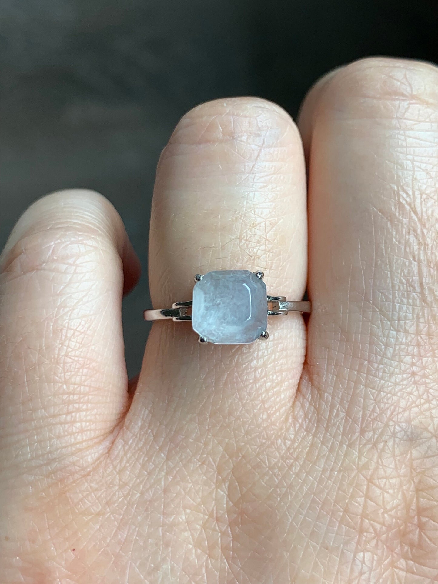 Stunning Natural Burmese Garde A Icy White Highly Translucent Faceted Jadeite Ring S925 Sterling Silver Adjustable 天然缅甸正白冰切割面翡翠银镶戒指 MBQ78