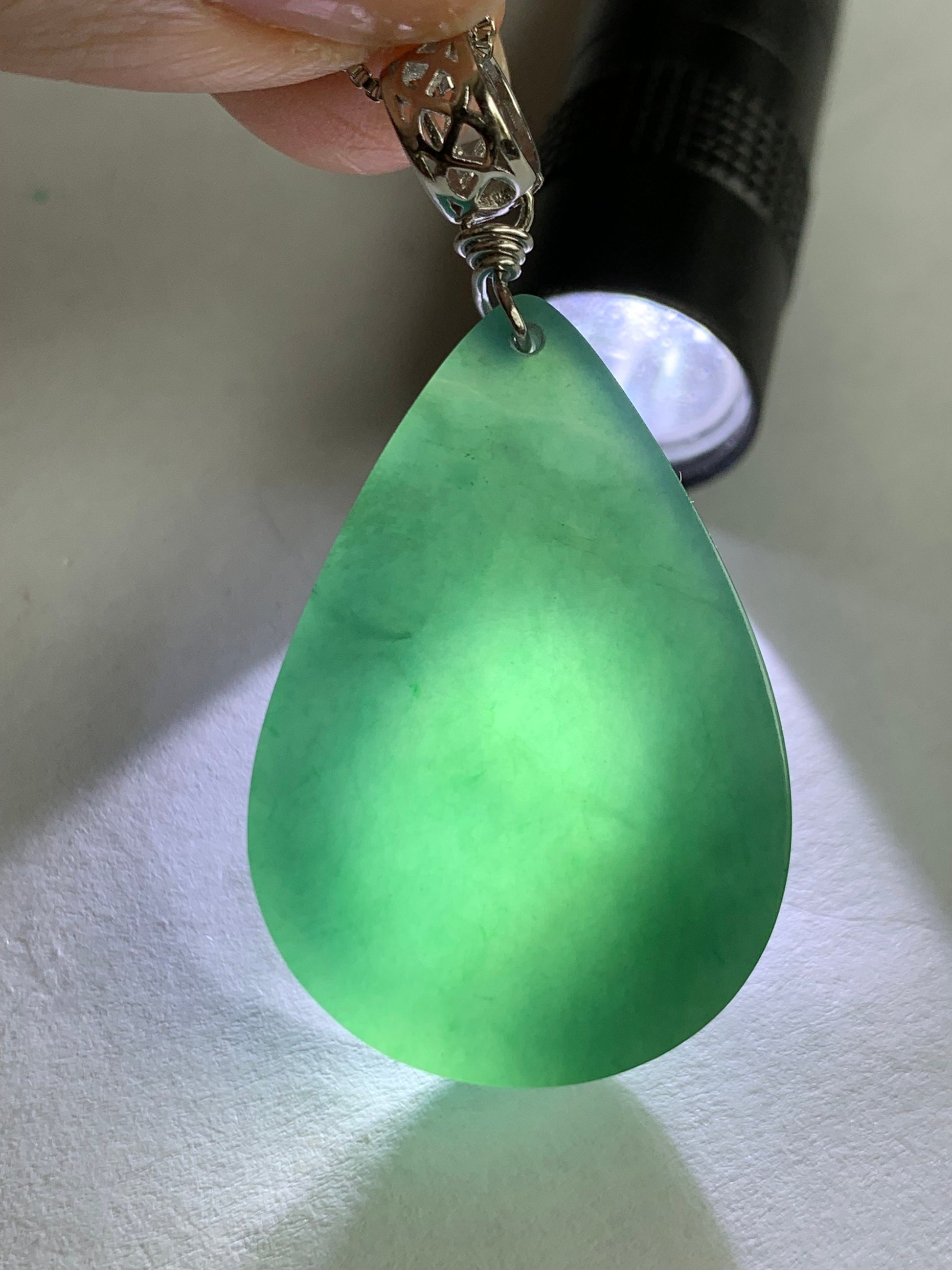 Natural Guatemalan Icy Translucent Gelatinous Intense Teal Blue Jadeite Teardrop Wu Shi Pai Pendant Sterling Silver Bail 19g 天然冰危湖水蓝翡翠素面水滴吊坠