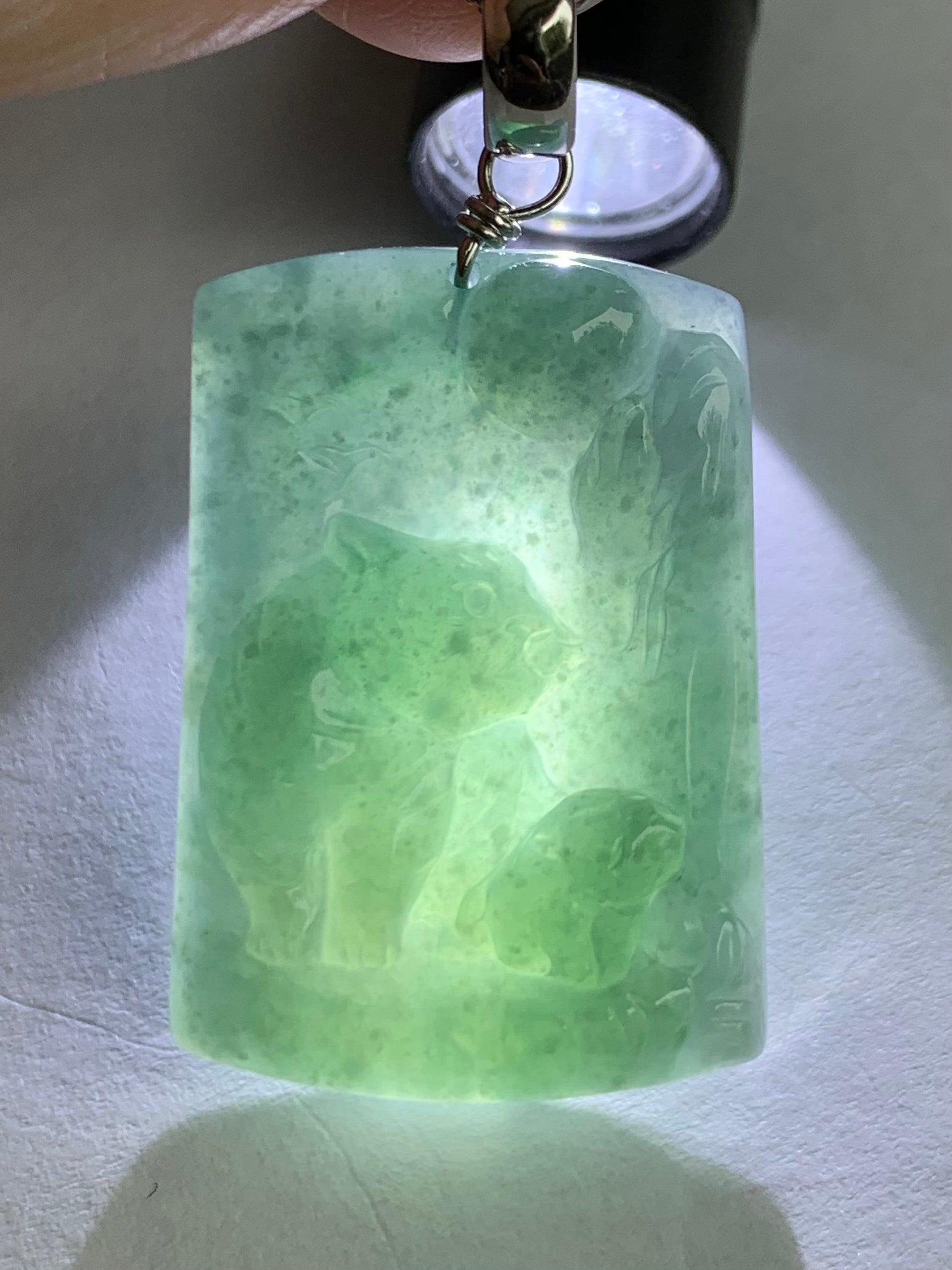 Natural Guatemalan Icy Translucent Dusty Teal Blue Jadeite Engraved Tiger & Tiger Cub Pendant Sterling Silver 12g 天然冰危蓝水翡翠虎牌吊坠