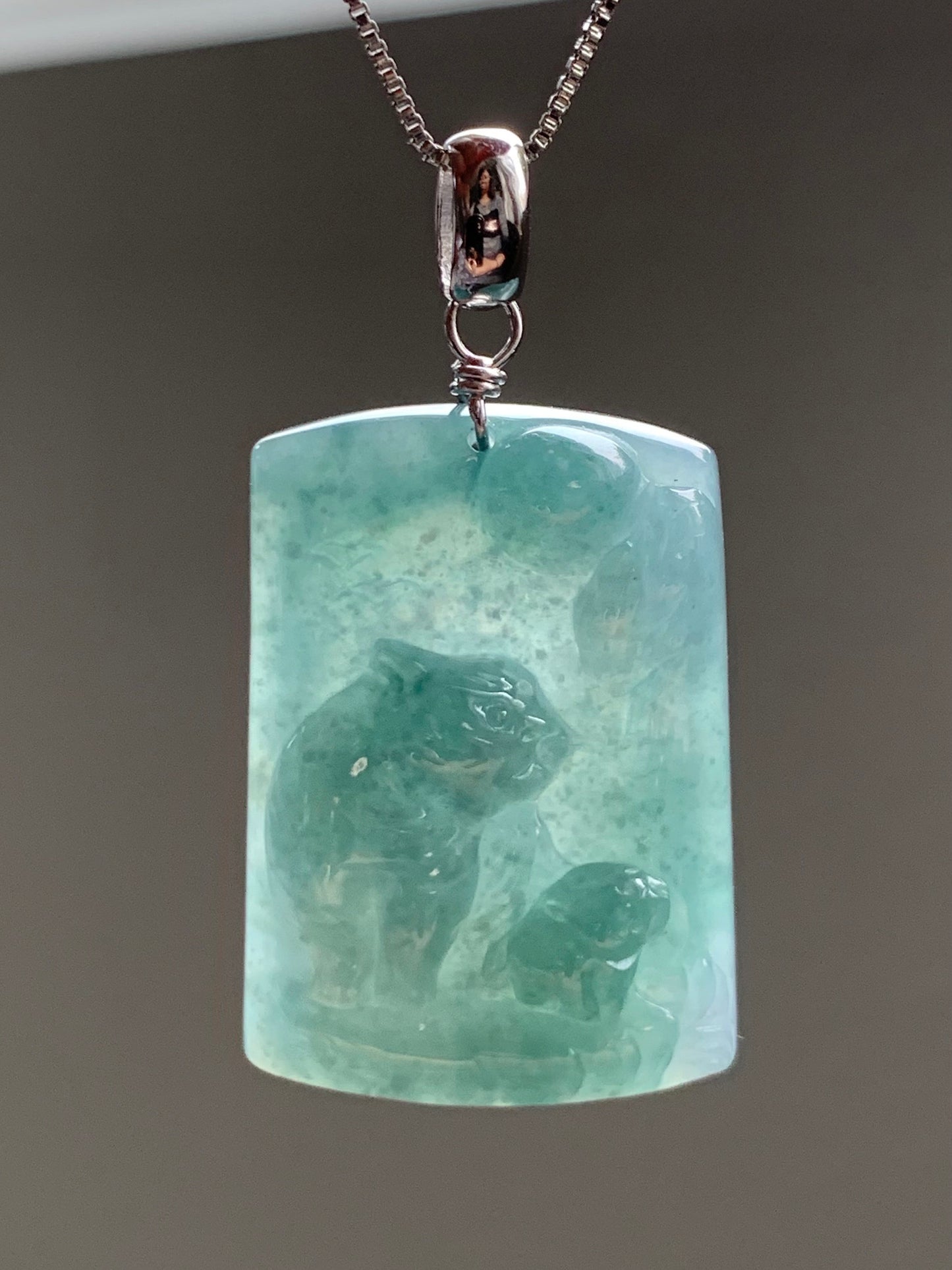 Natural Guatemalan Icy Translucent Dusty Teal Blue Jadeite Engraved Tiger & Tiger Cub Pendant Sterling Silver 12g 天然冰危蓝水翡翠虎牌吊坠