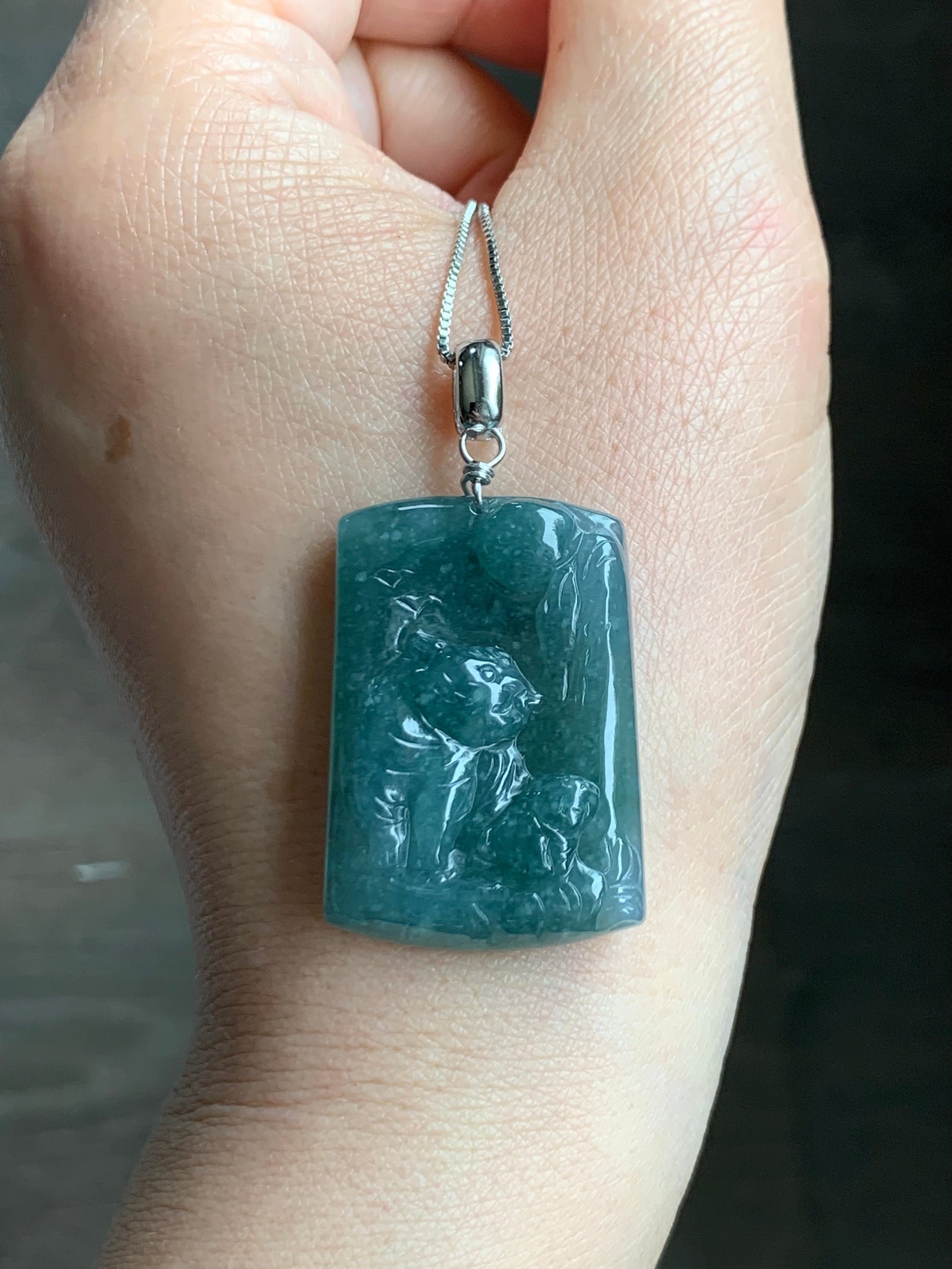 Natural Guatemalan Icy Translucent Dusty Teal Blue Jadeite Engraved Tiger & Tiger Cub Pendant Sterling Silver 12g 天然冰危蓝水翡翠虎牌吊坠
