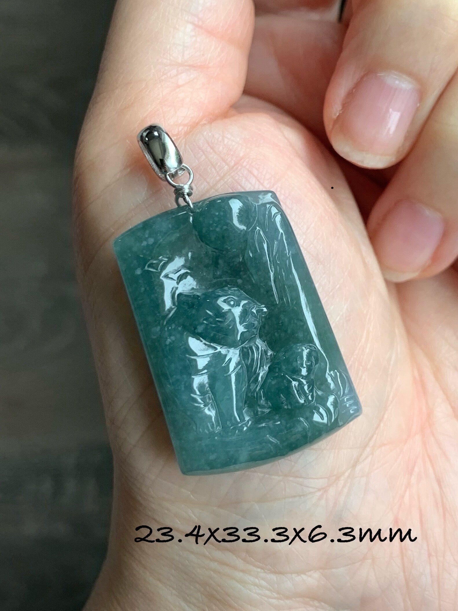 Natural Guatemalan Icy Translucent Dusty Teal Blue Jadeite Engraved Tiger & Tiger Cub Pendant Sterling Silver 12g 天然冰危蓝水翡翠虎牌吊坠