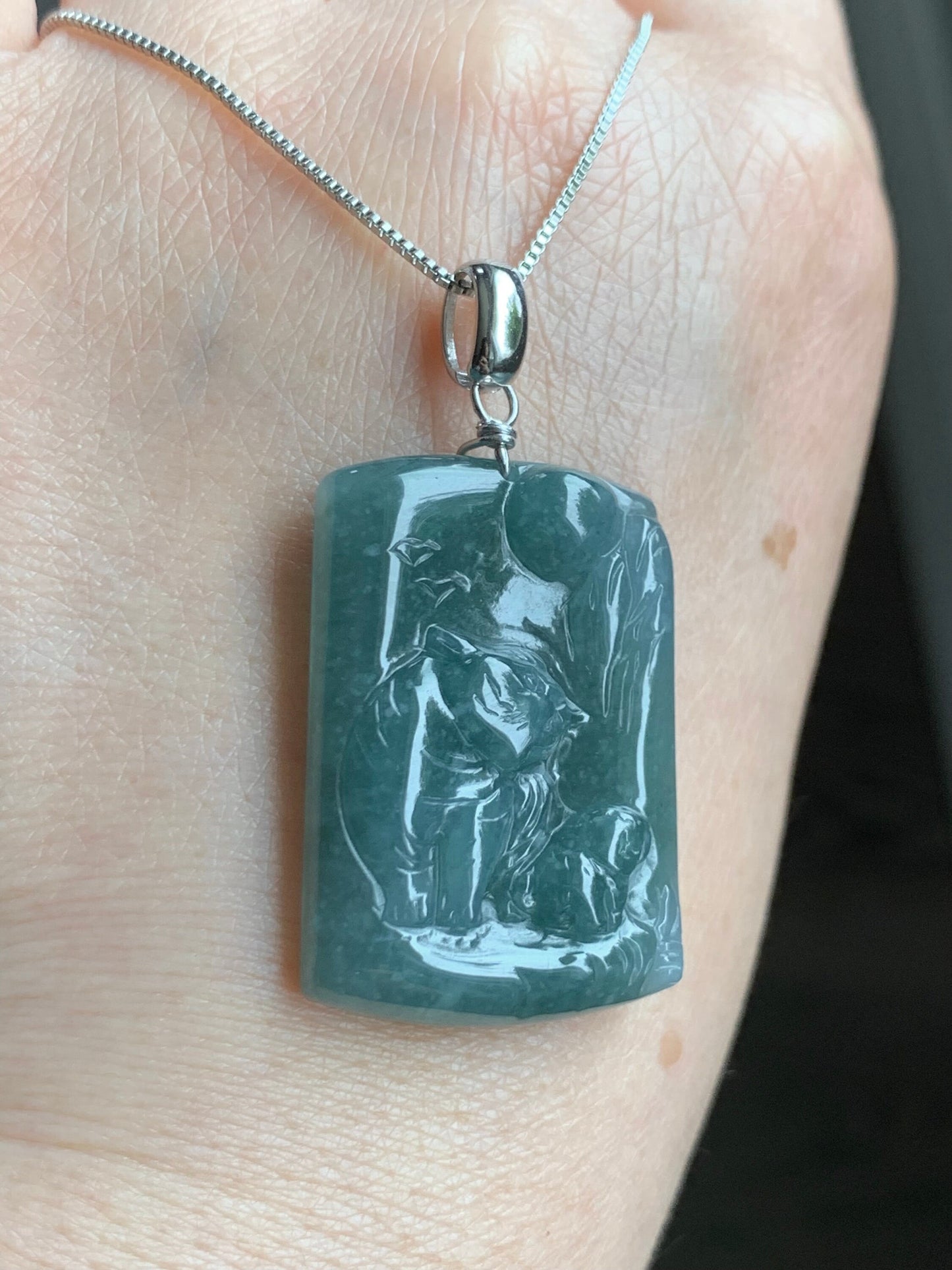 Natural Guatemalan Icy Translucent Dusty Teal Blue Jadeite Engraved Tiger & Tiger Cub Pendant Sterling Silver 12g 天然冰危蓝水翡翠虎牌吊坠