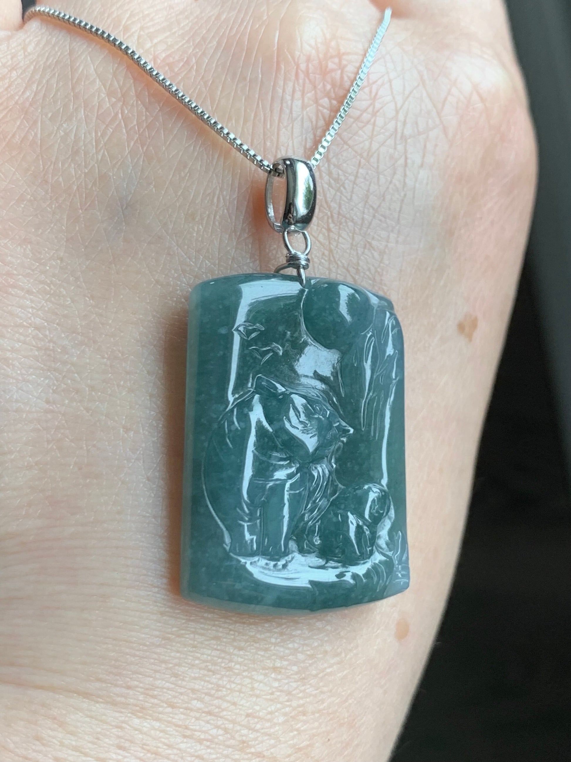 Natural Guatemalan Icy Translucent Dusty Teal Blue Jadeite Engraved Tiger & Tiger Cub Pendant Sterling Silver 12g 天然冰危蓝水翡翠虎牌吊坠