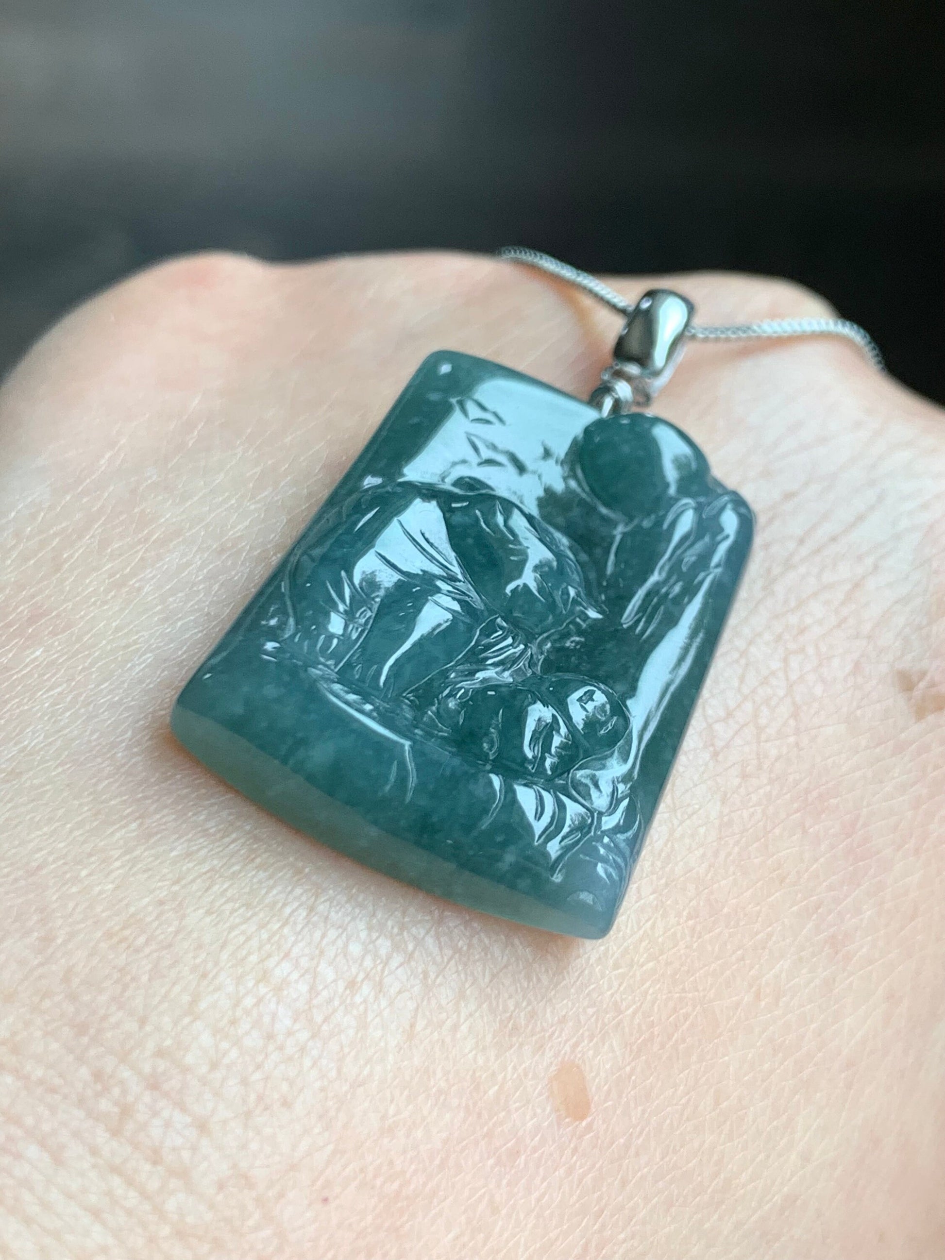 Natural Guatemalan Icy Translucent Dusty Teal Blue Jadeite Engraved Tiger & Tiger Cub Pendant Sterling Silver 12g 天然冰危蓝水翡翠虎牌吊坠