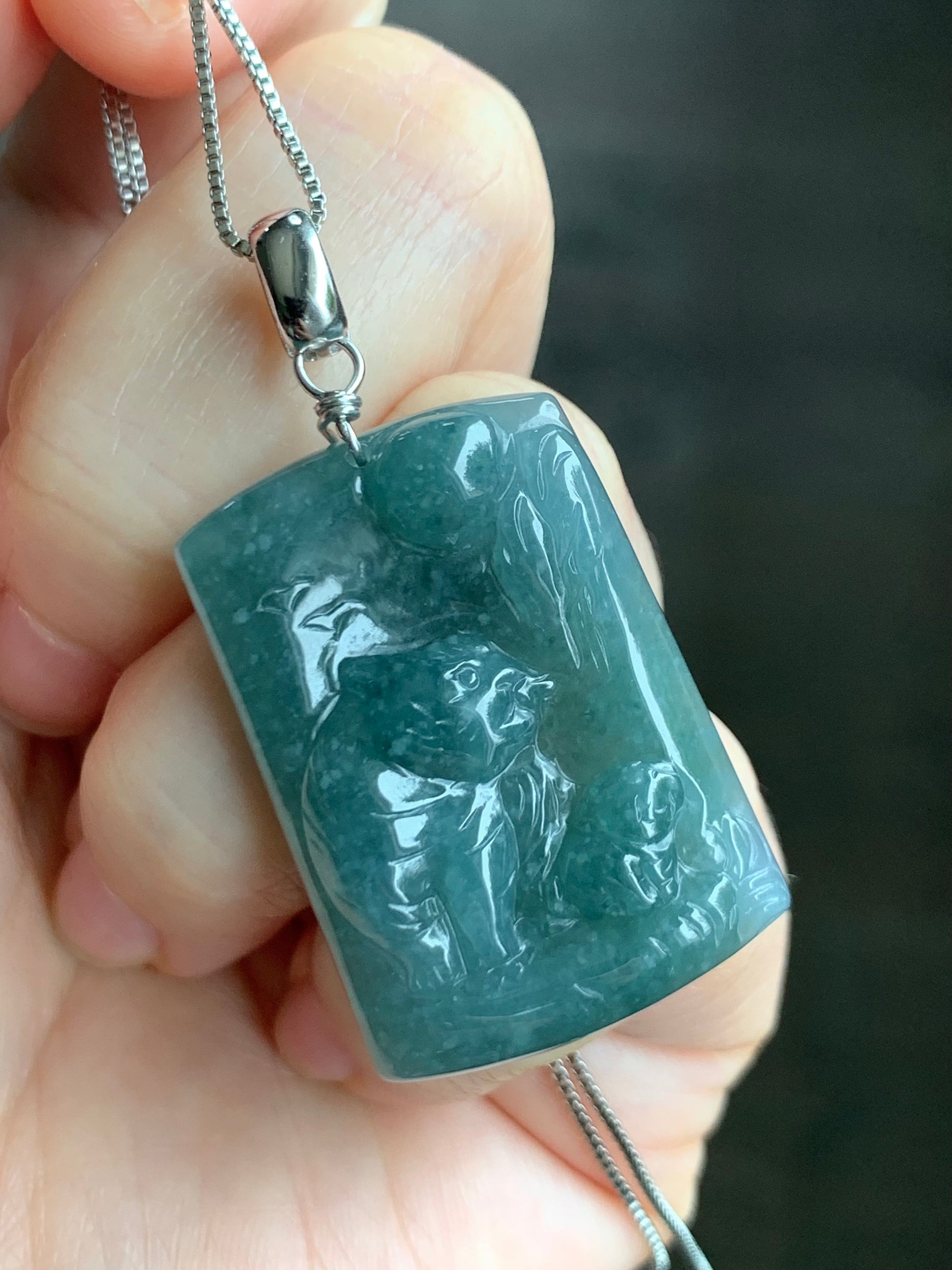 Natural Guatemalan Icy Translucent Dusty Teal Blue Jadeite Engraved Tiger & Tiger Cub Pendant Sterling Silver 12g 天然冰危蓝水翡翠虎牌吊坠
