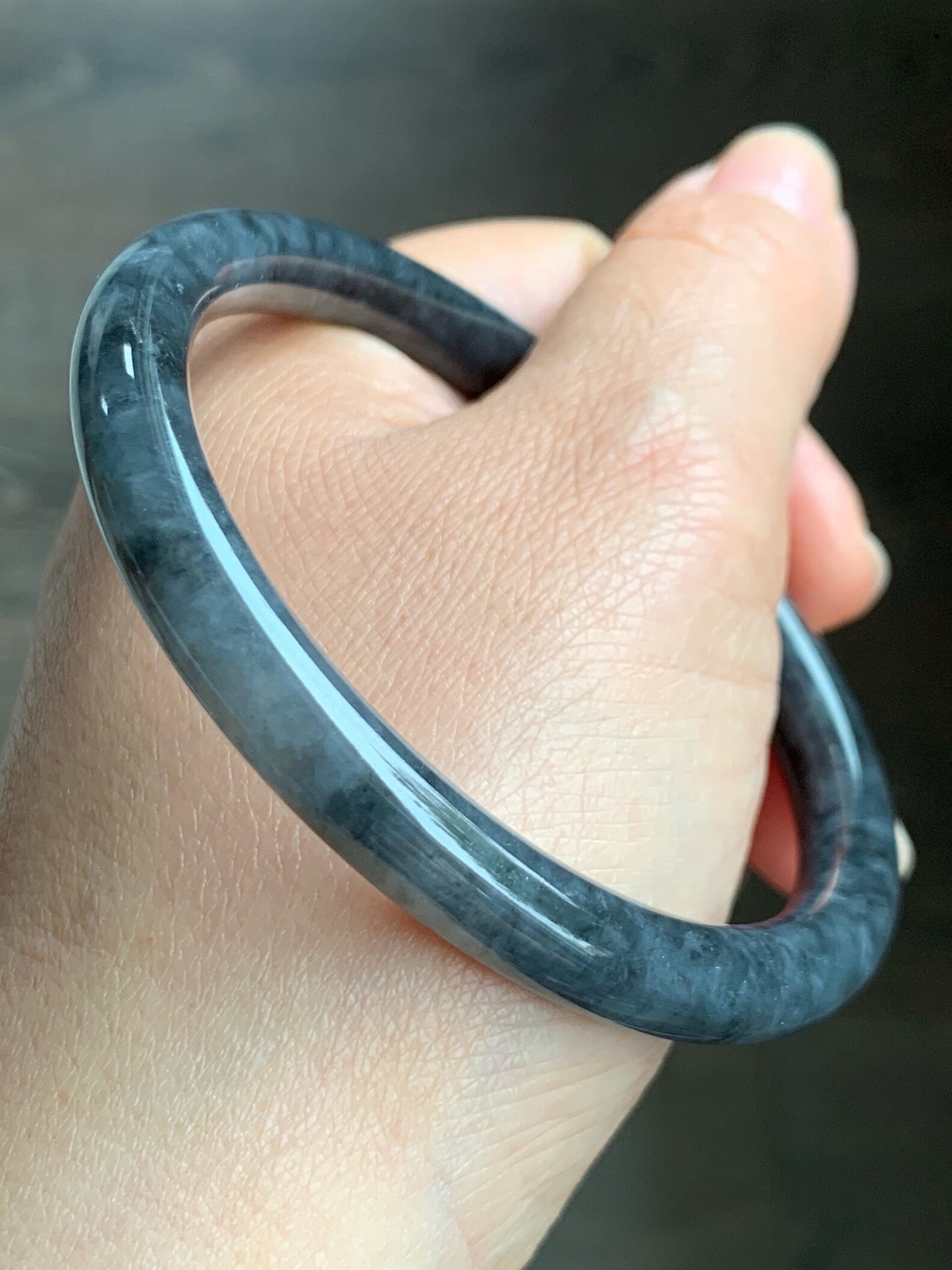 Certified Natural Burmese Icy Translucent Dark Wuji Jadeite Slim Bangle Bracelet 7.5x7.6mm 58mm 7" 30.58g 天然缅甸冰乌鸡翡翠圆条手镯 1490