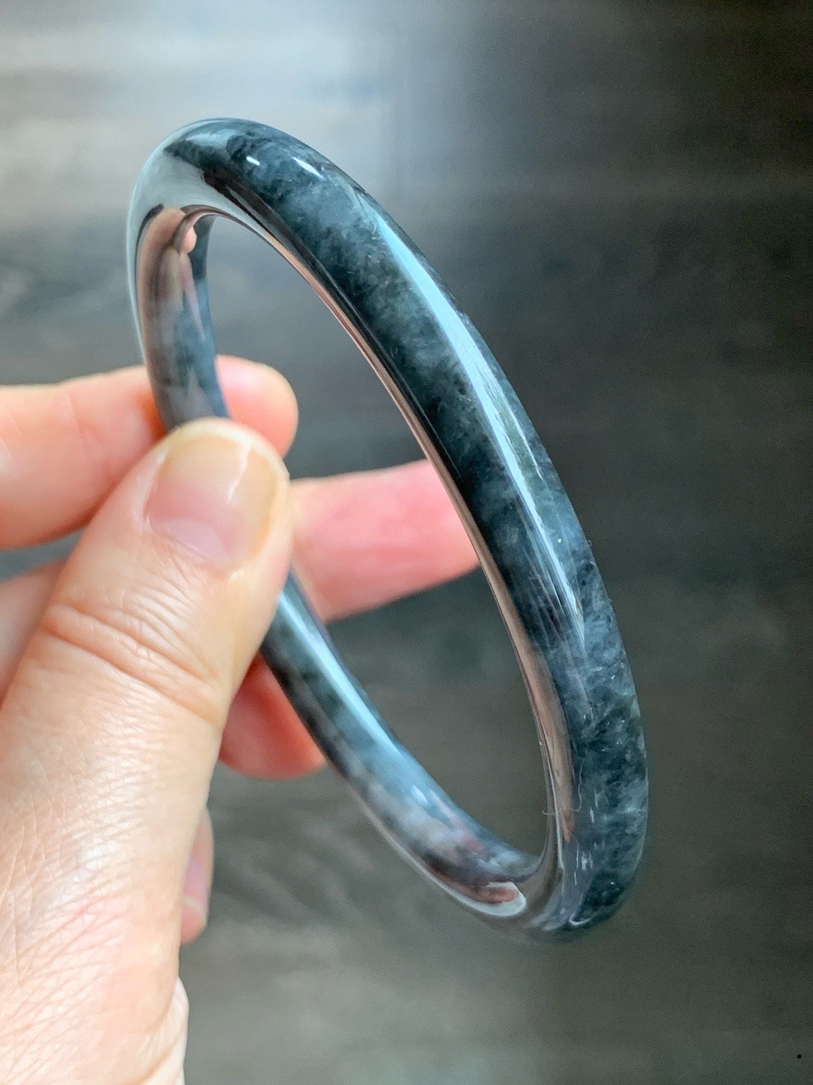 Certified Natural Burmese Icy Translucent Dark Wuji Jadeite Slim Bangle Bracelet 7.5x7.5mm 63mm 7.75” 34.10g 天然缅甸冰乌鸡翡翠圆条手镯 1491