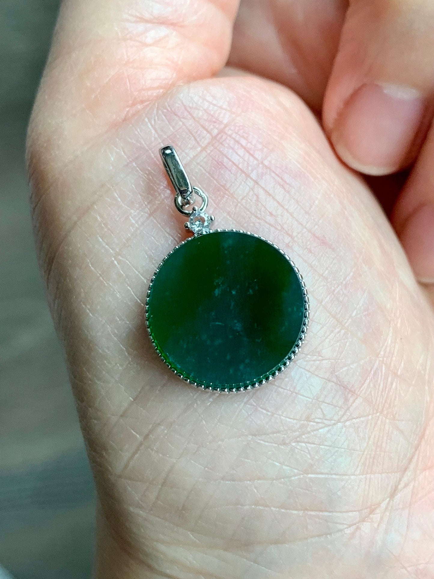 Natural Guatemalan Icy Translation Deep Teal Green Jadeite Round Wu Shi Pai Pendant Sterling Silver 天然冰危湖水绿飘雪花翡翠无事牌镶嵌吊坠