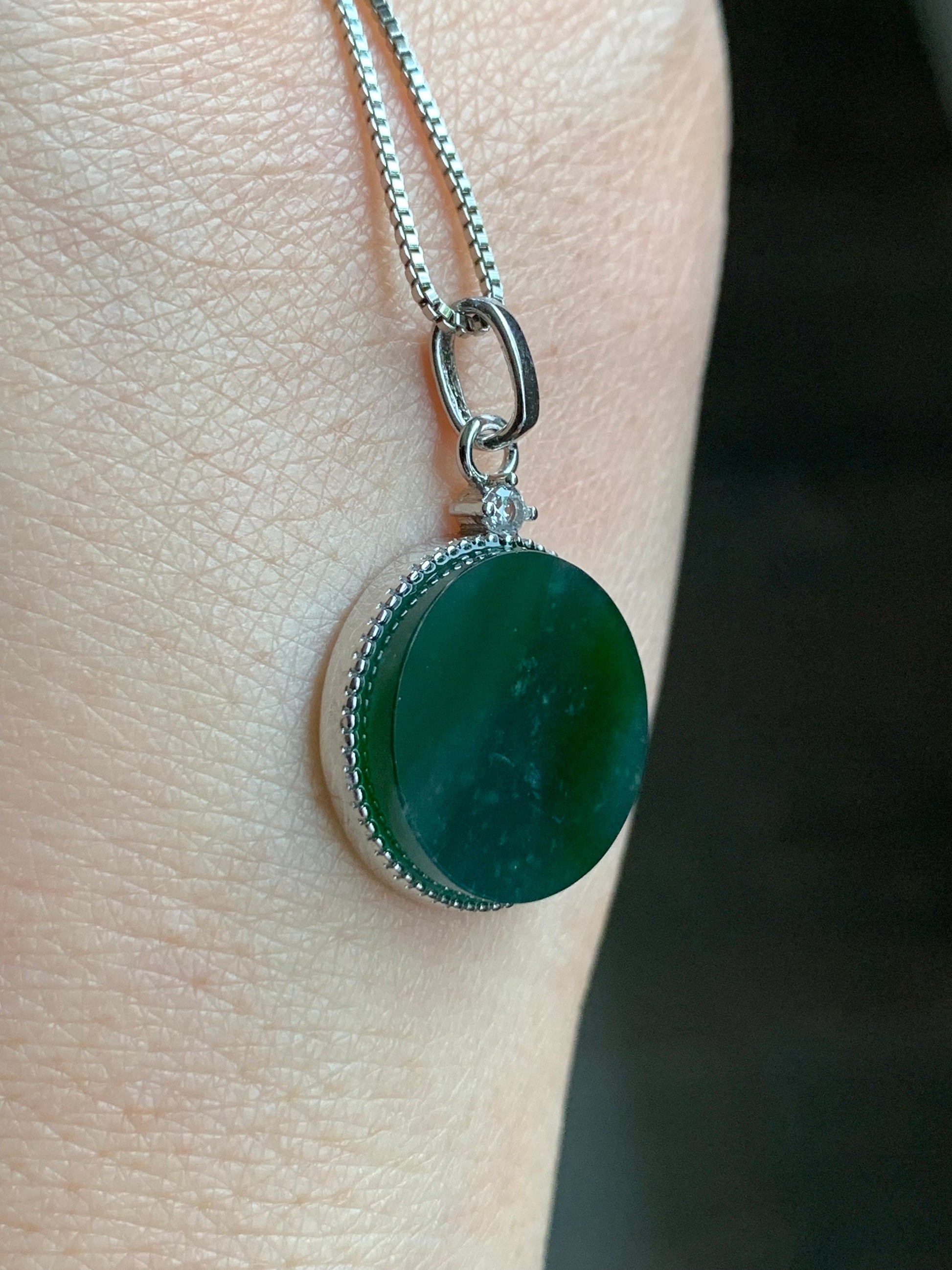 Natural Guatemalan Icy Translation Deep Teal Green Jadeite Round Wu Shi Pai Pendant Sterling Silver 天然冰危湖水绿飘雪花翡翠无事牌镶嵌吊坠