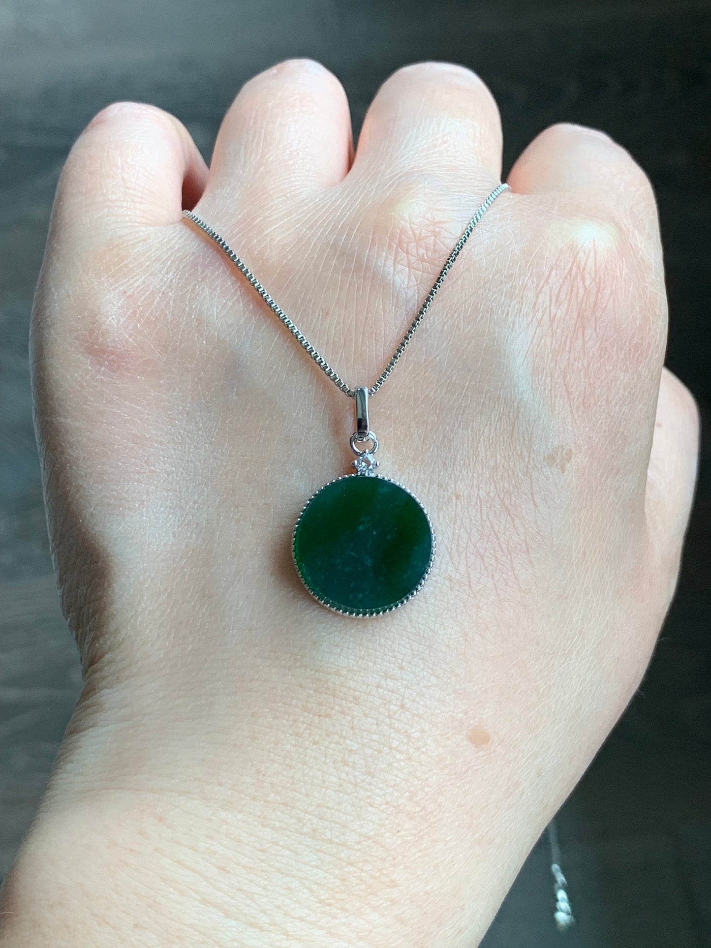 Natural Guatemalan Icy Translation Deep Teal Green Jadeite Round Wu Shi Pai Pendant Sterling Silver 天然冰危湖水绿飘雪花翡翠无事牌镶嵌吊坠